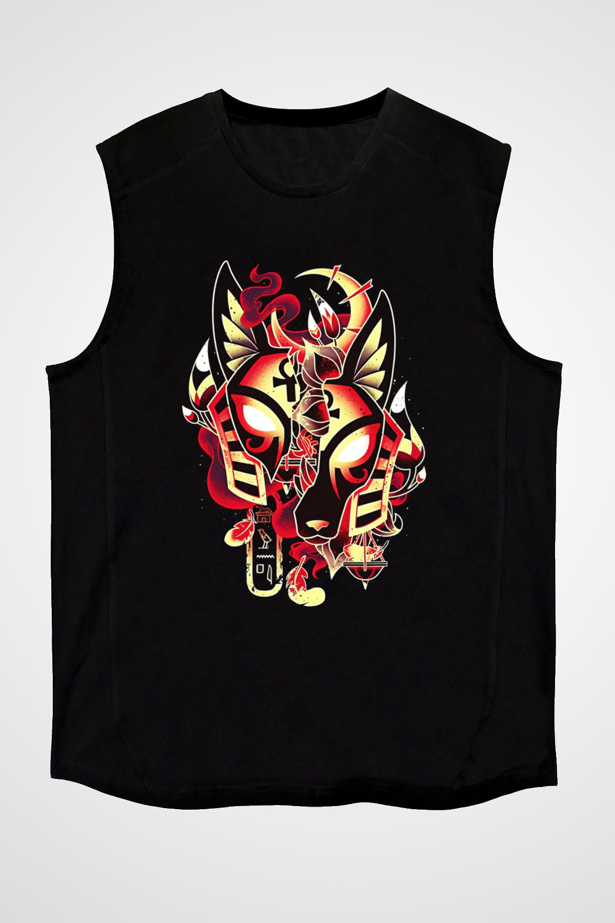 Anubis Baskılı Unisex Siyah Kolsuz Tişört - Tshirt