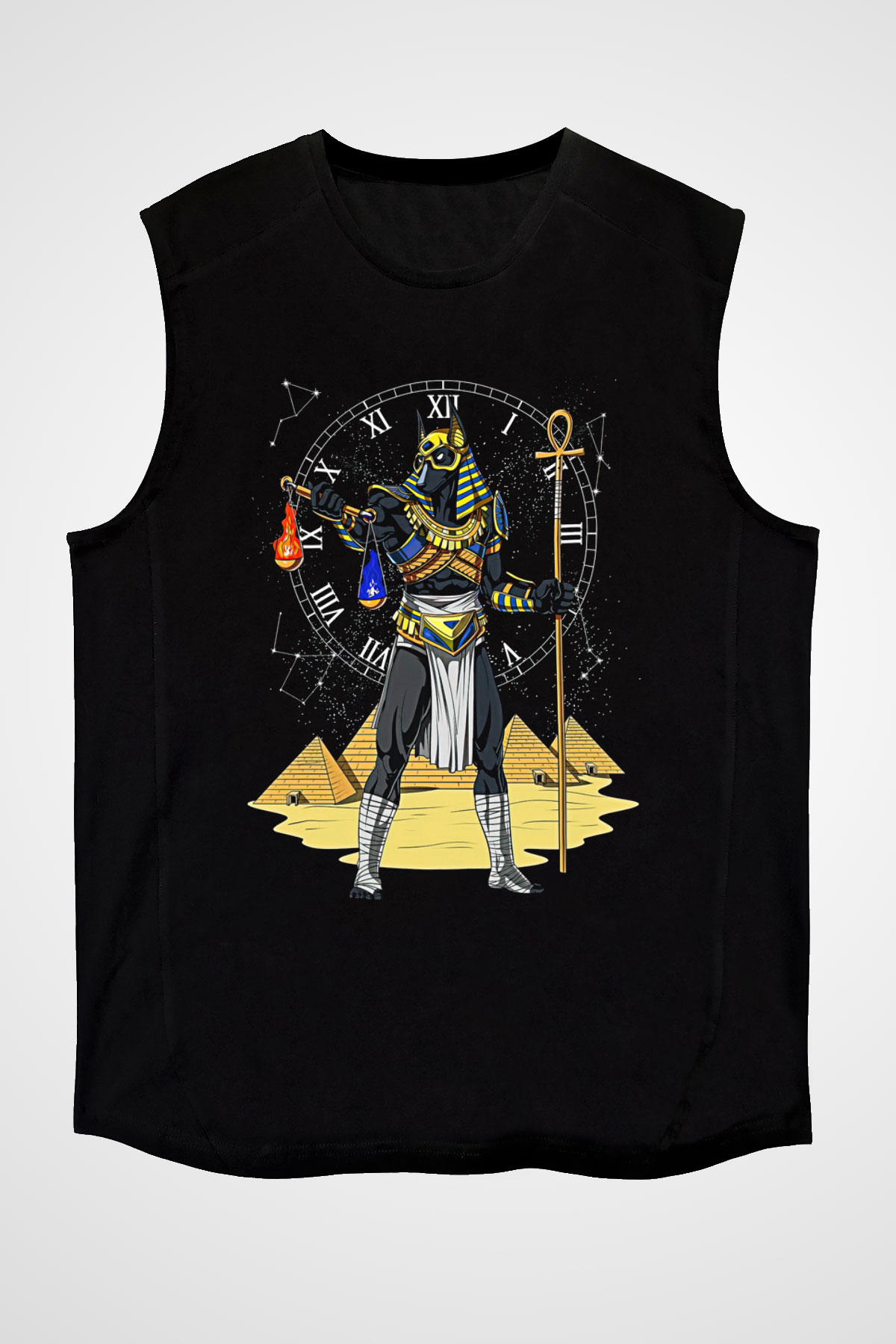 Anubis Baskılı Unisex Siyah Kolsuz Tişört - Tshirt