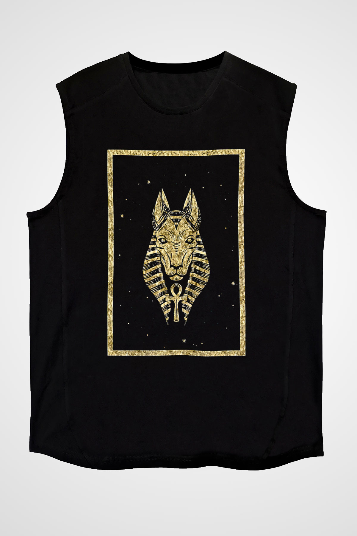 Anubis Baskılı Unisex Siyah Kolsuz Tişört - Tshirt