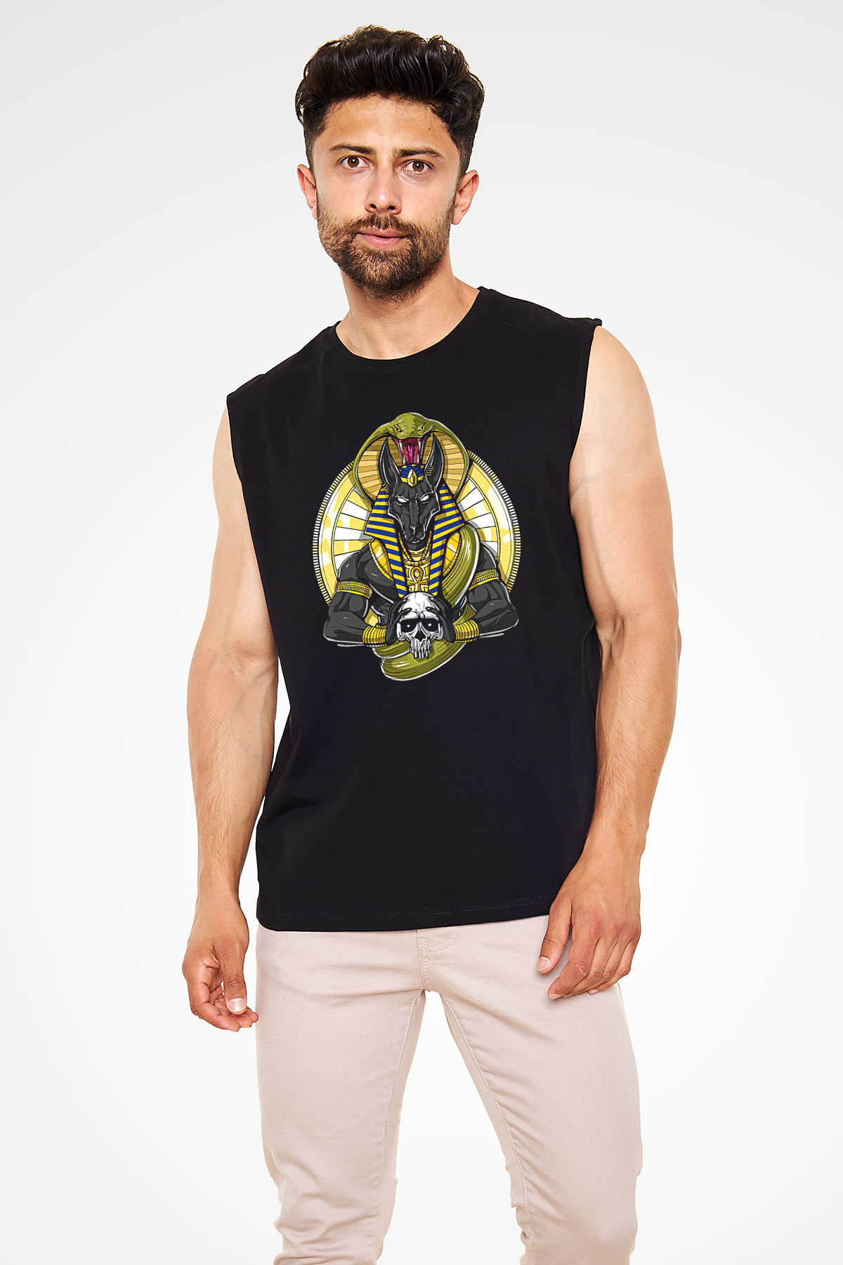 Anubis Baskılı Unisex Siyah Kolsuz Tişört - Tshirt