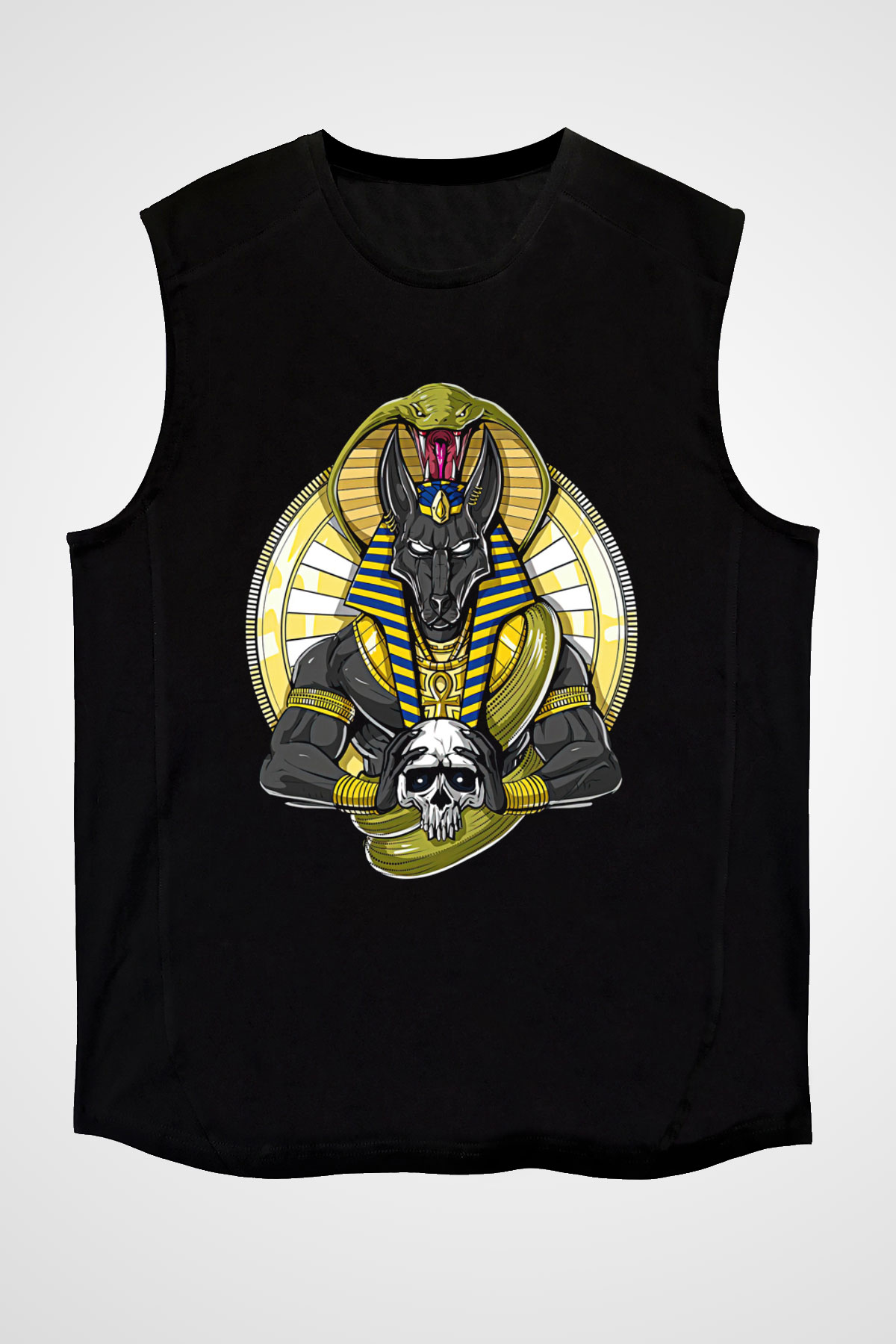 Anubis Baskılı Unisex Siyah Kolsuz Tişört - Tshirt