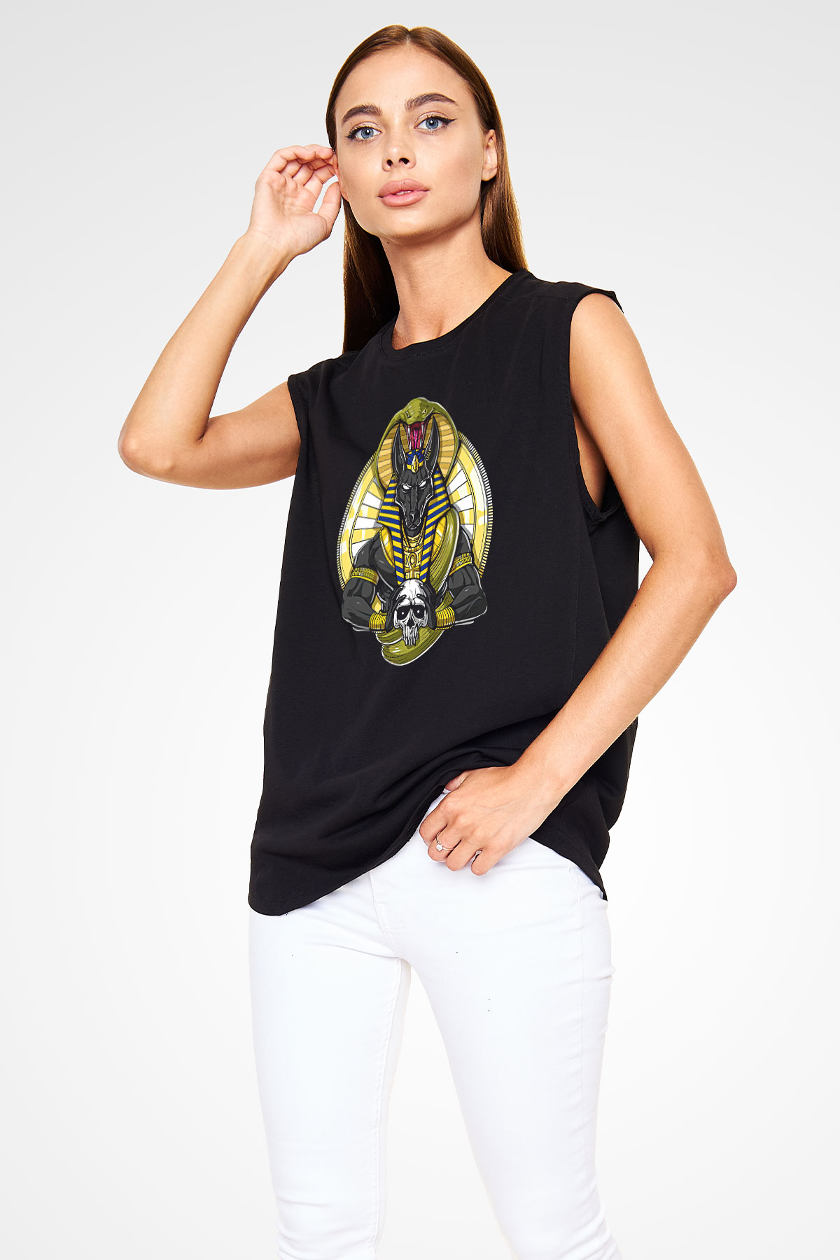 Anubis Baskılı Unisex Siyah Kolsuz Tişört - Tshirt