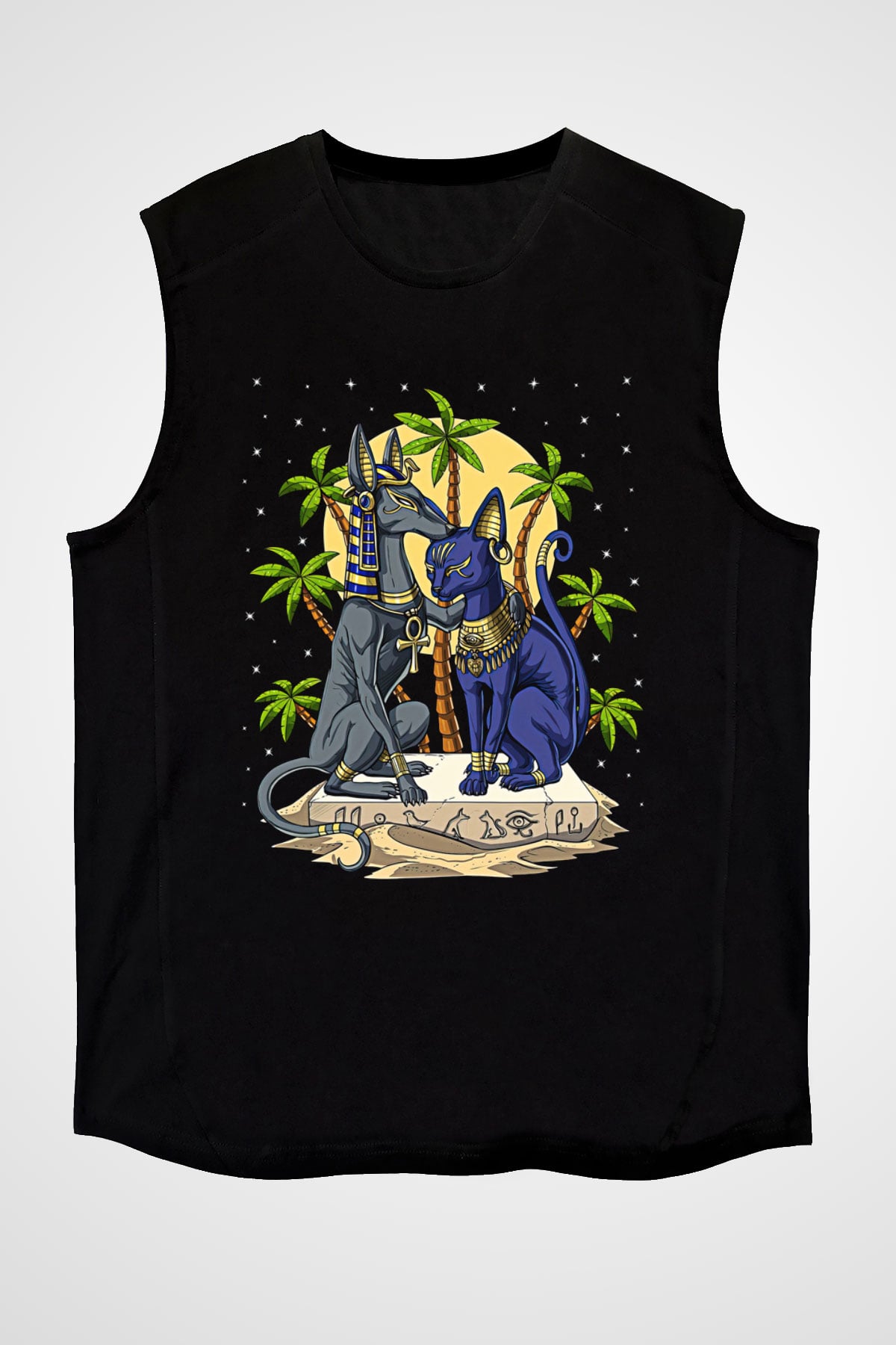 Anubis Baskılı Unisex Siyah Kolsuz Tişört - Tshirt