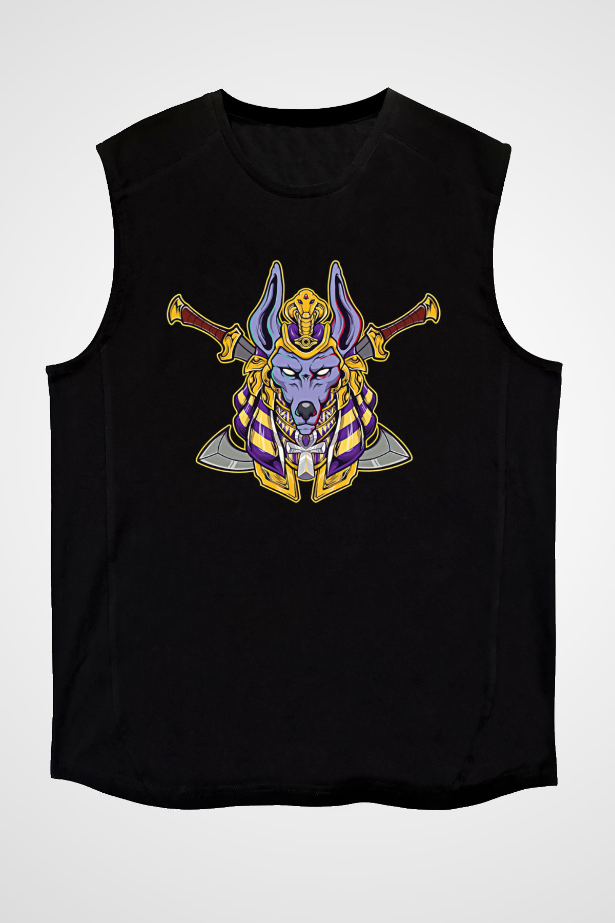 Anubis Baskılı Unisex Siyah Kolsuz Tişört - Tshirt