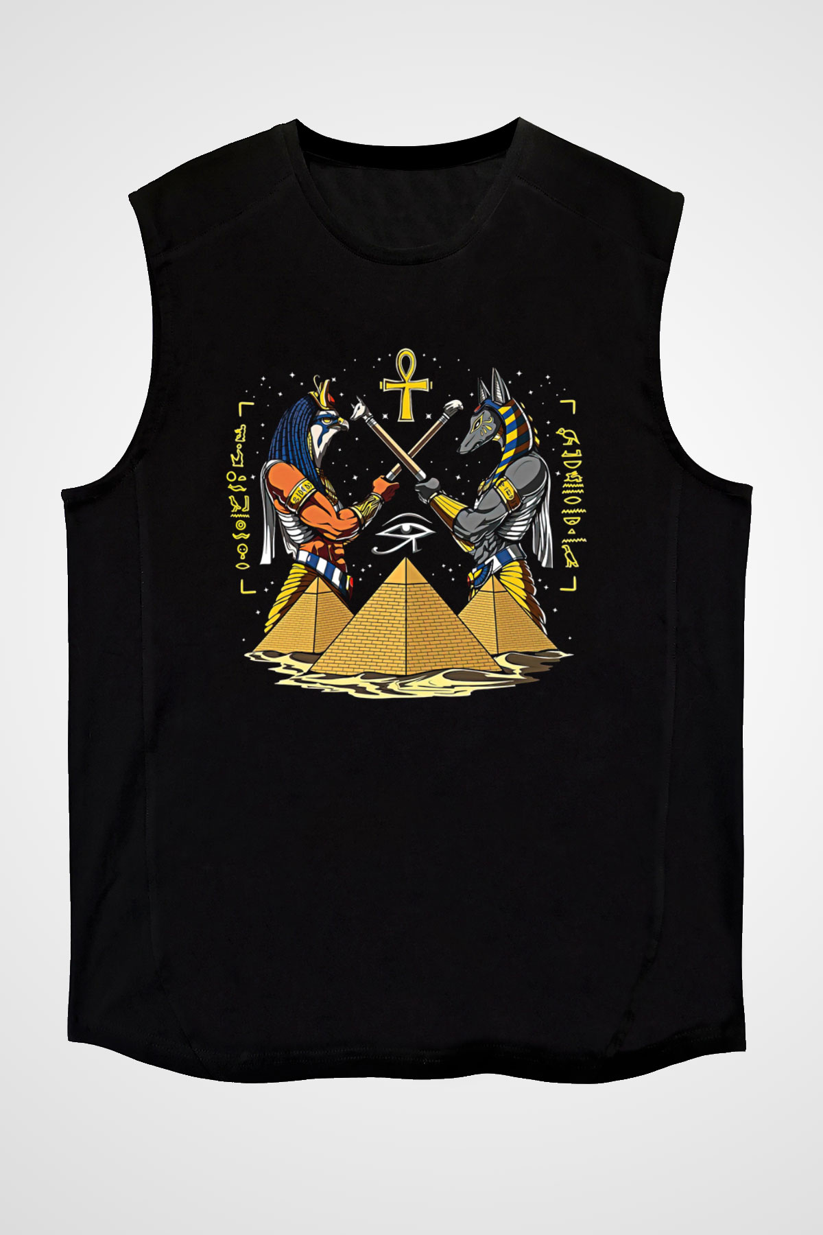 Anubis Baskılı Unisex Siyah Kolsuz Tişört - Tshirt