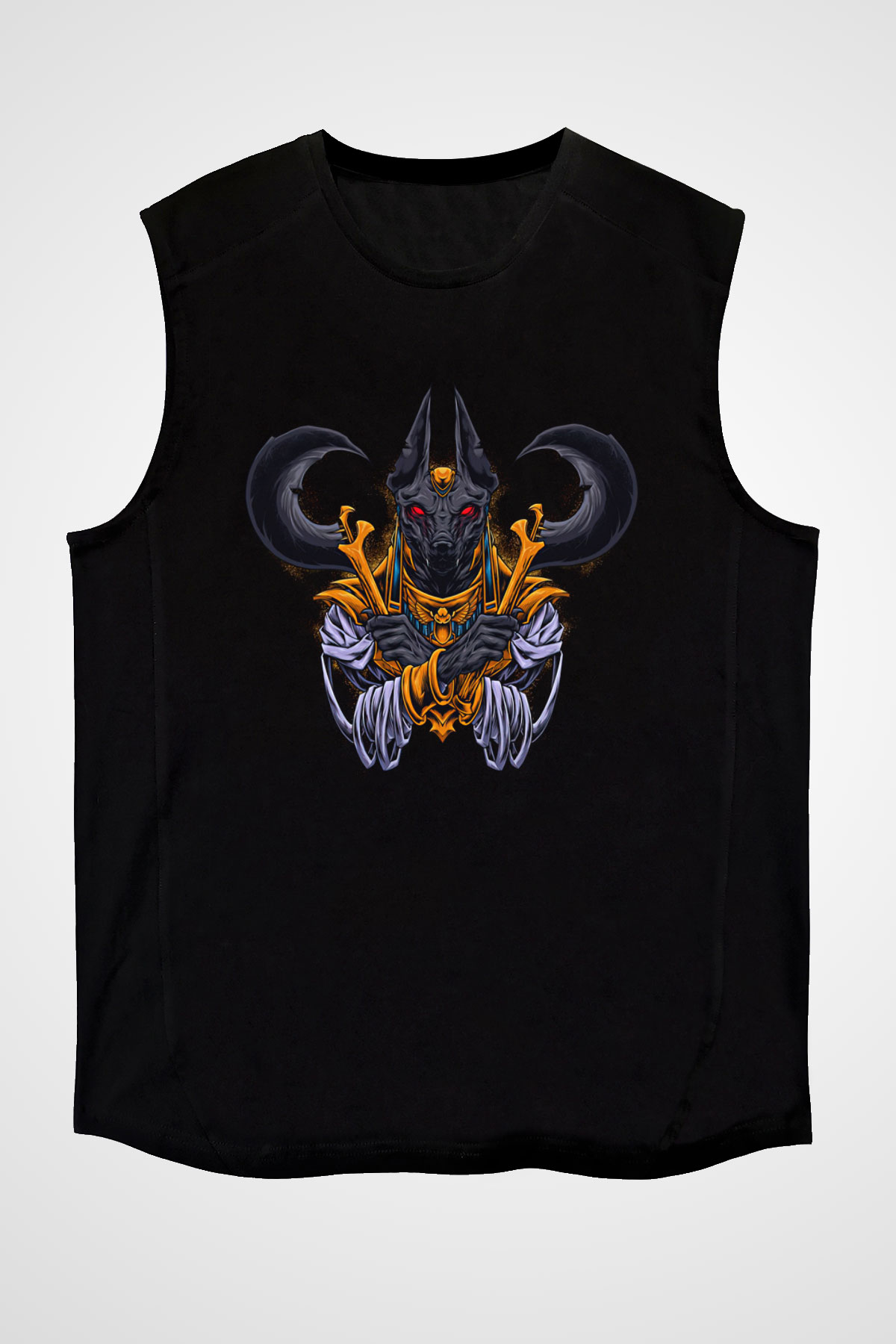 Anubis Baskılı Unisex Siyah Kolsuz Tişört - Tshirt