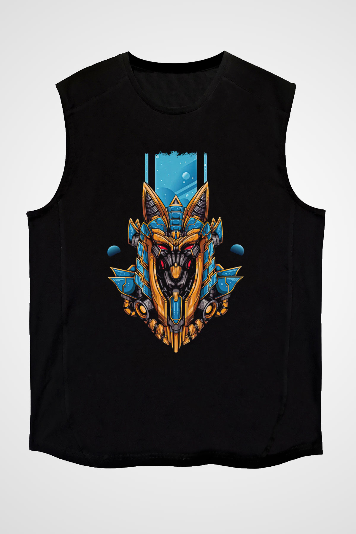 Anubis Baskılı Unisex Siyah Kolsuz Tişört - Tshirt