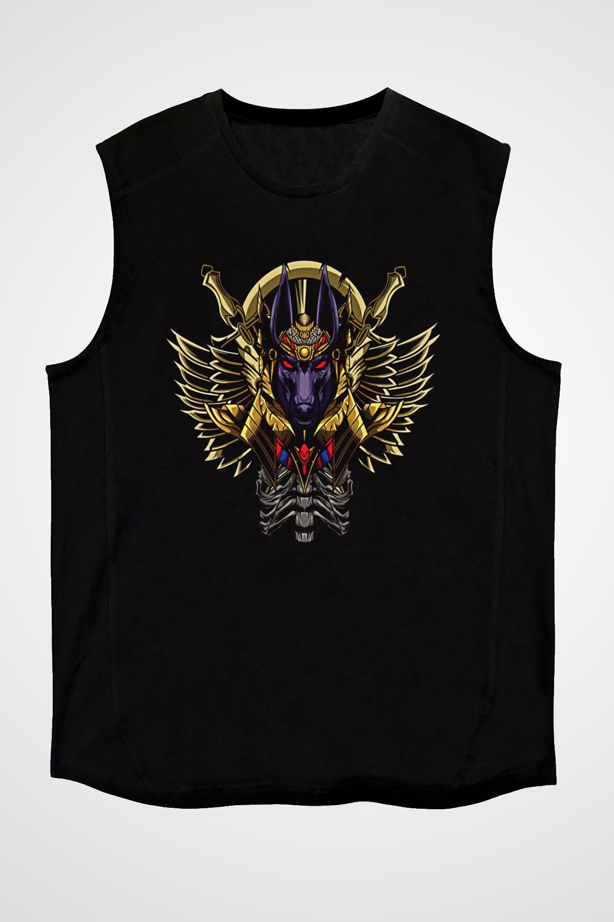 Anubis Baskılı Unisex Siyah Kolsuz Tişört - Tshirt