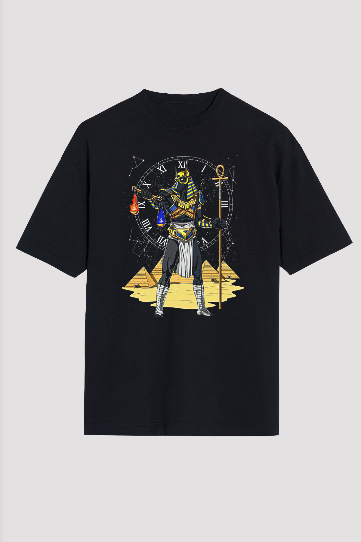 Anubis Baskılı Unisex Siyah Oversize Tişört - Tshirt