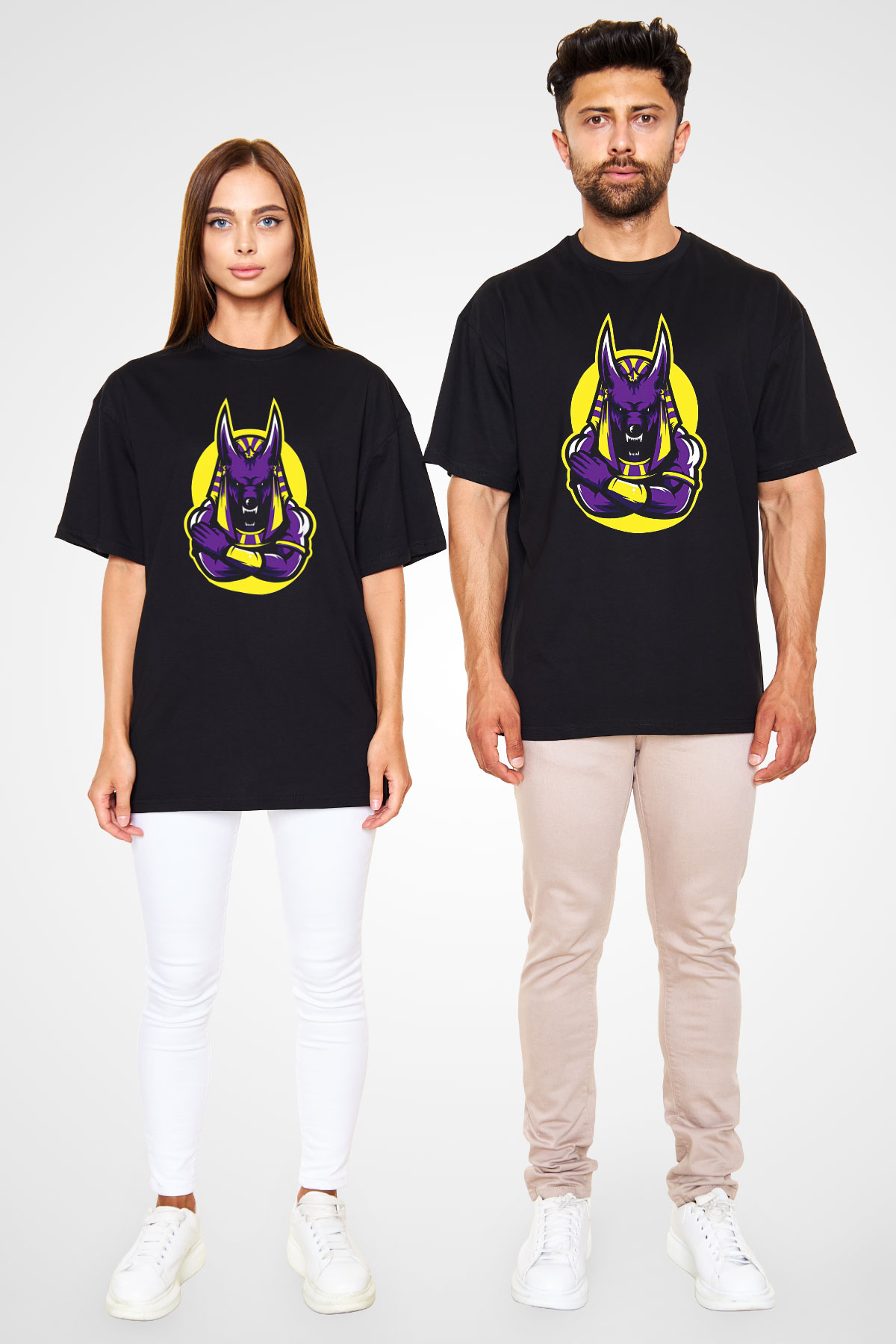 Anubis Baskılı Unisex Siyah Oversize Tişört - Tshirt