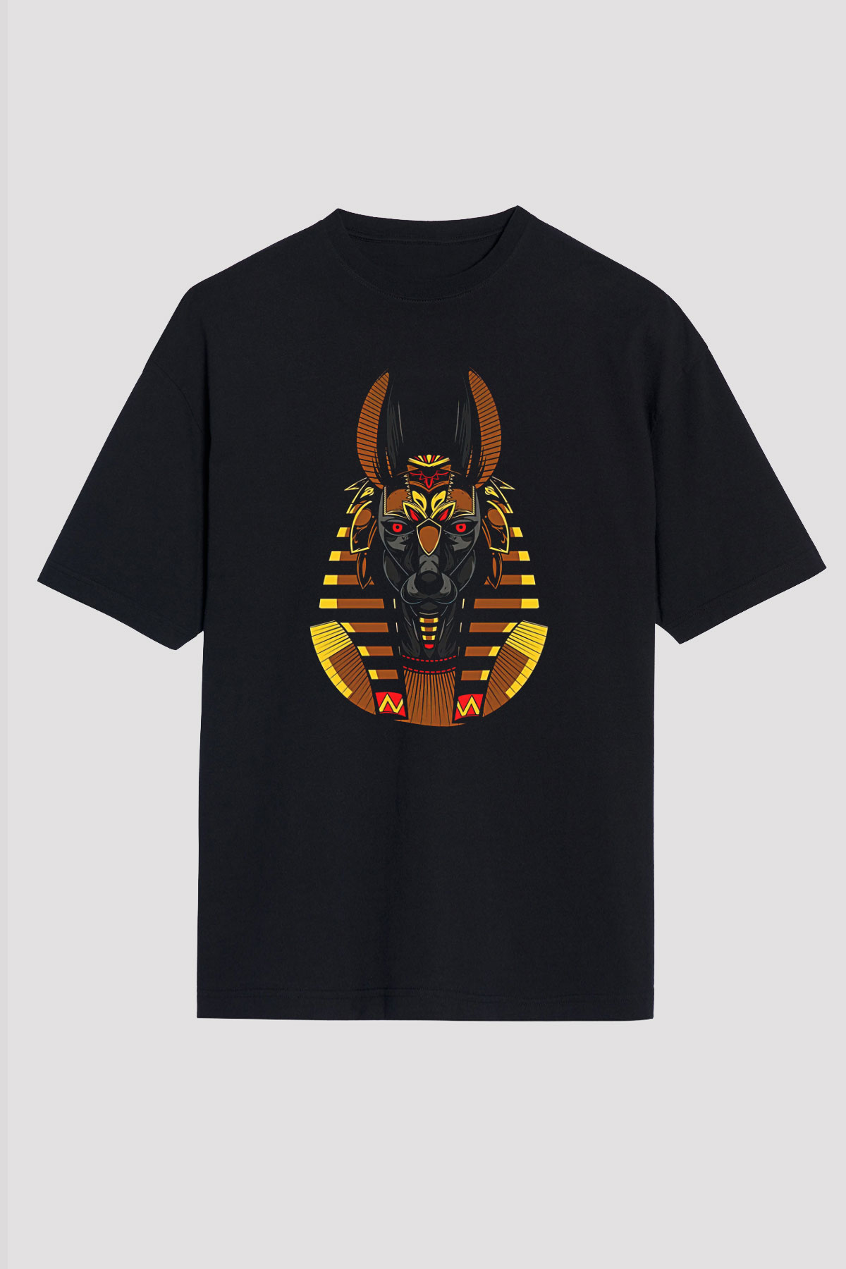 Anubis Baskılı Unisex Siyah Oversize Tişört - Tshirt