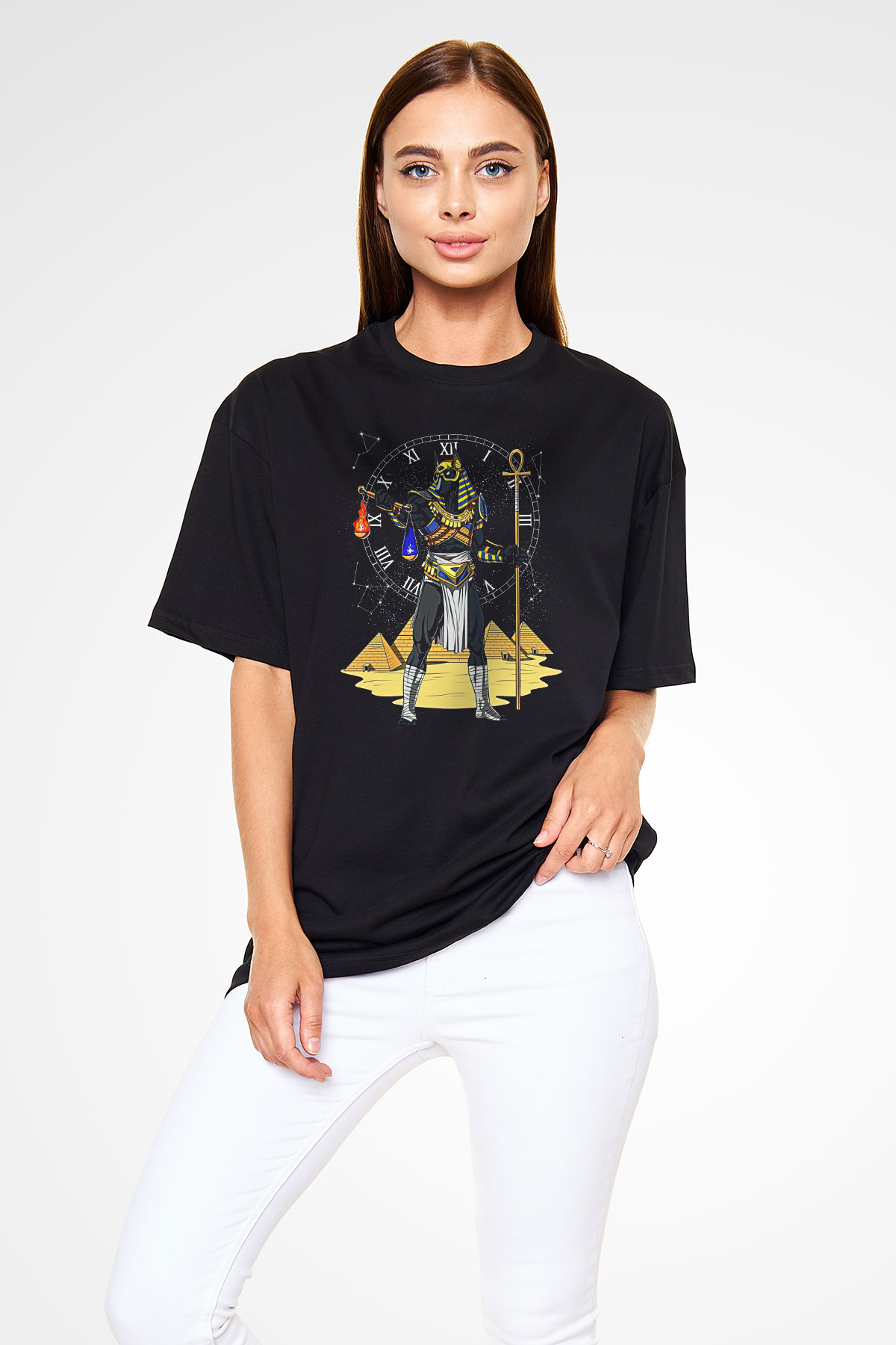 Anubis Baskılı Unisex Siyah Oversize Tişört - Tshirt