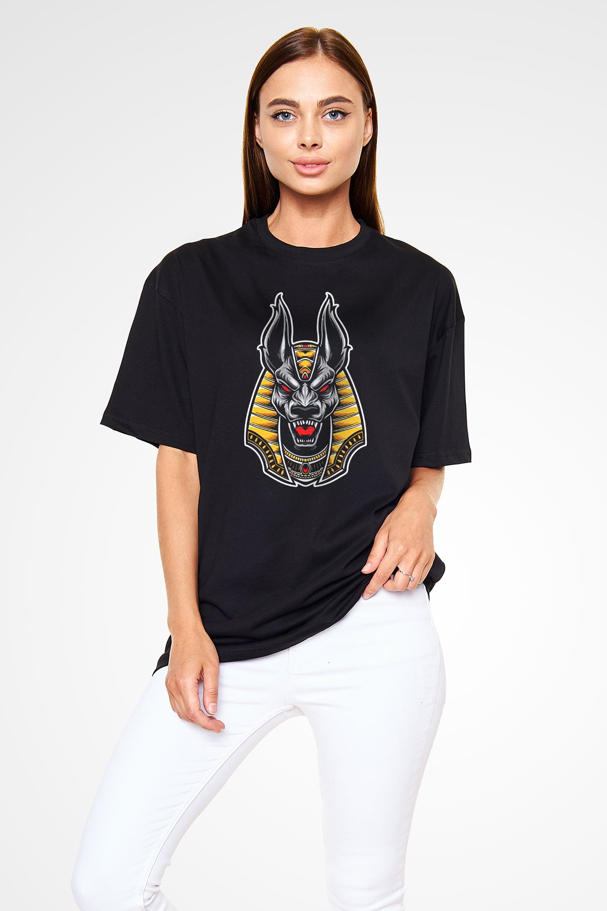 Anubis Baskılı Unisex Siyah Oversize Tişört - Tshirt