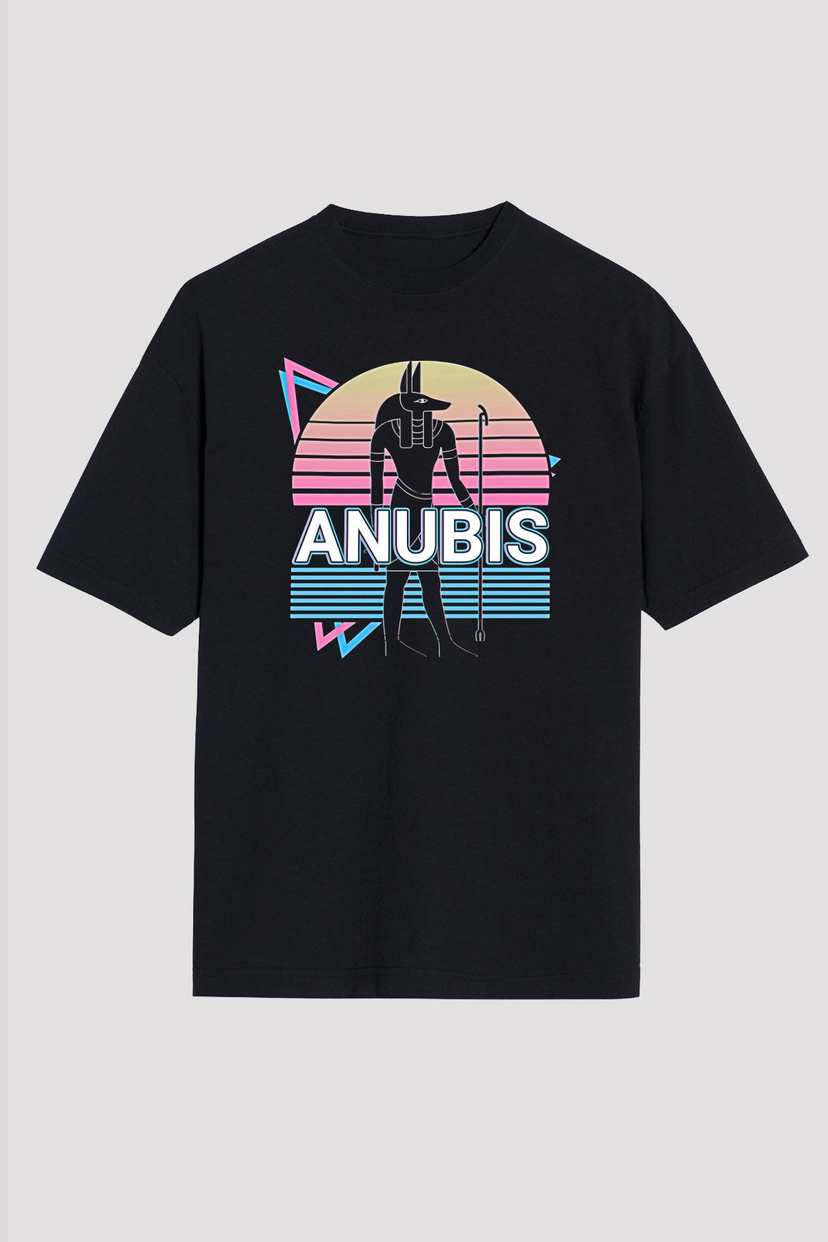 Anubis Baskılı Unisex Siyah Oversize Tişört - Tshirt