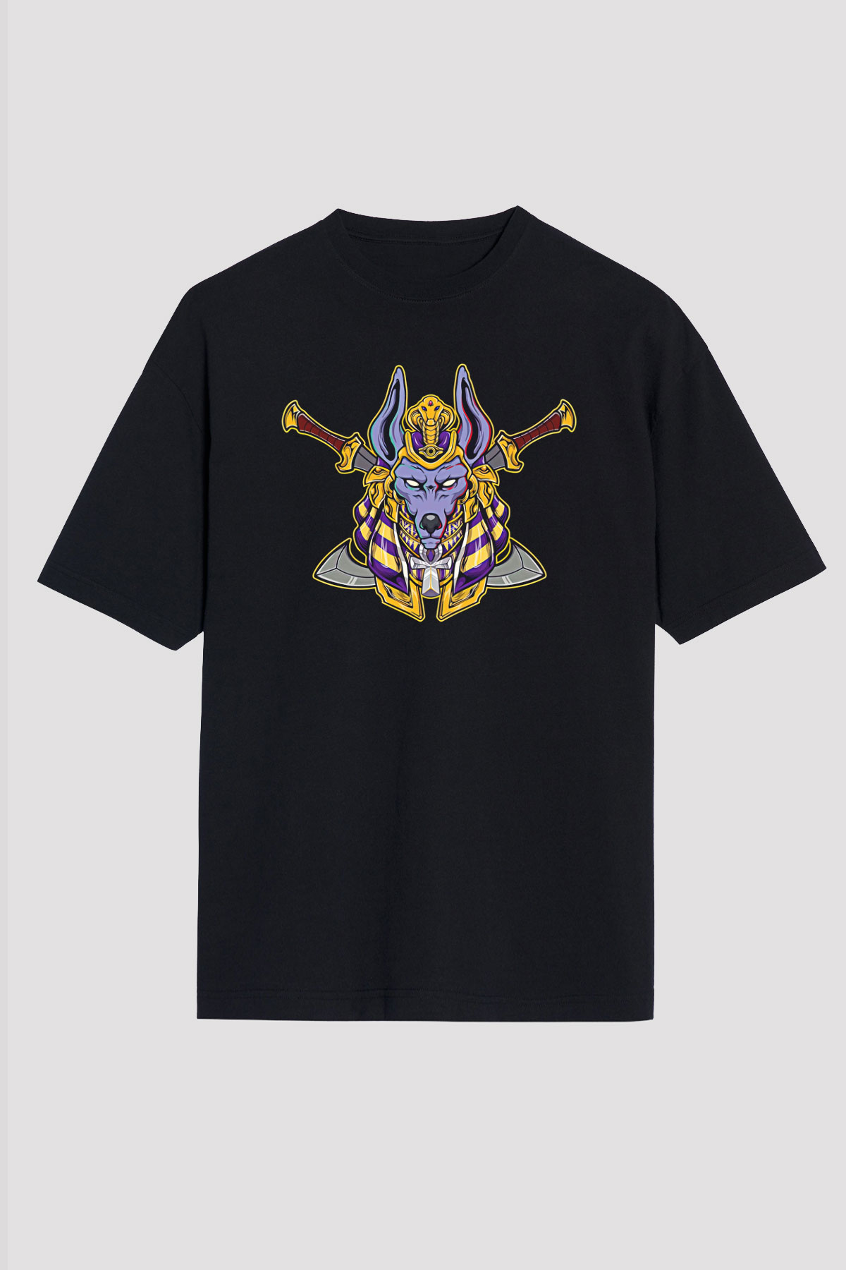 Anubis Baskılı Unisex Siyah Oversize Tişört - Tshirt