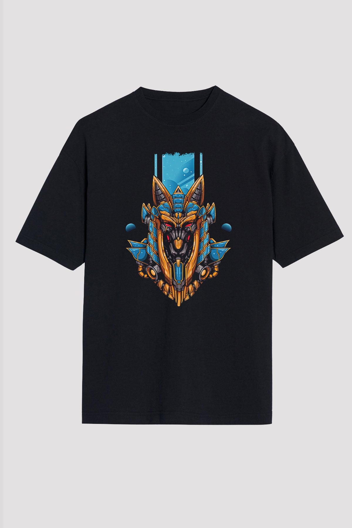 Anubis Baskılı Unisex Siyah Oversize Tişört - Tshirt