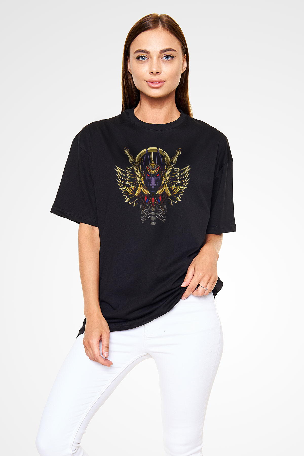 Anubis Baskılı Unisex Siyah Oversize Tişört - Tshirt
