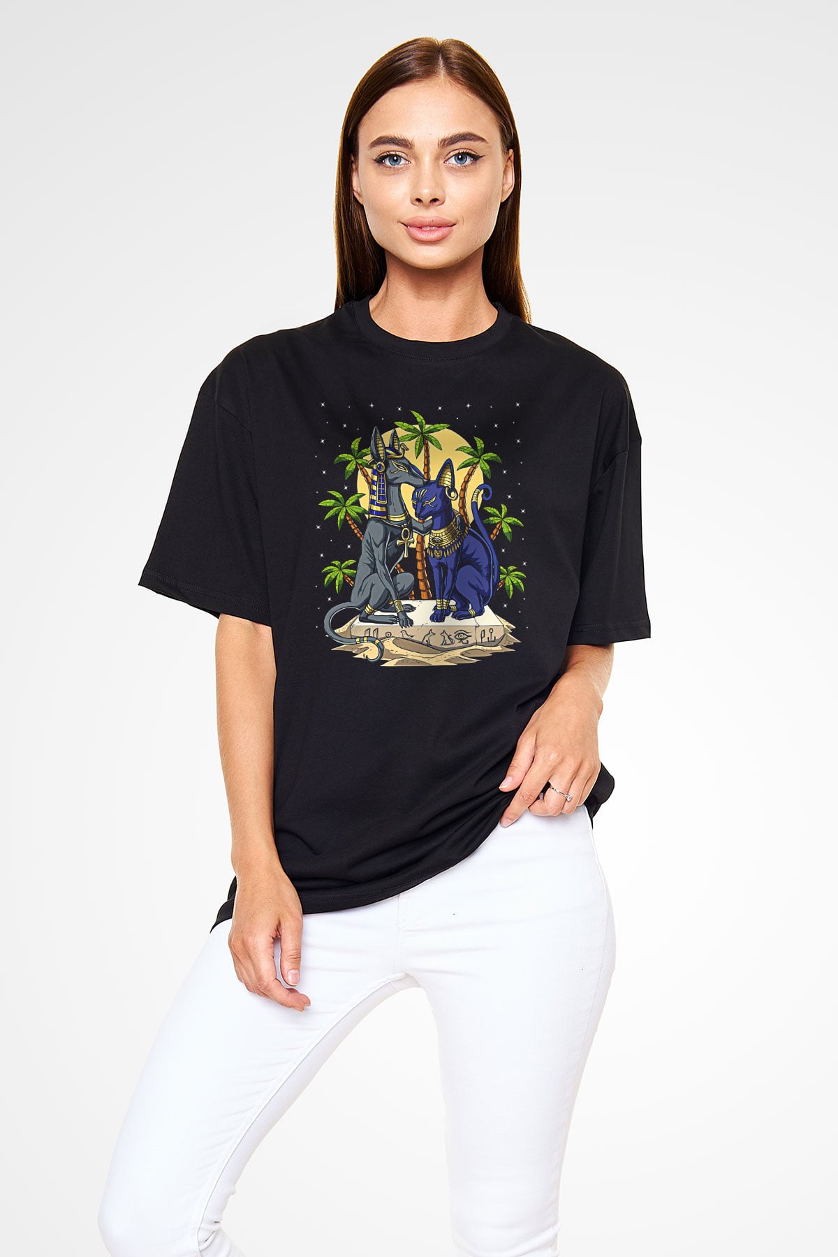 Anubis Baskılı Unisex Siyah Oversize Tişört - Tshirt