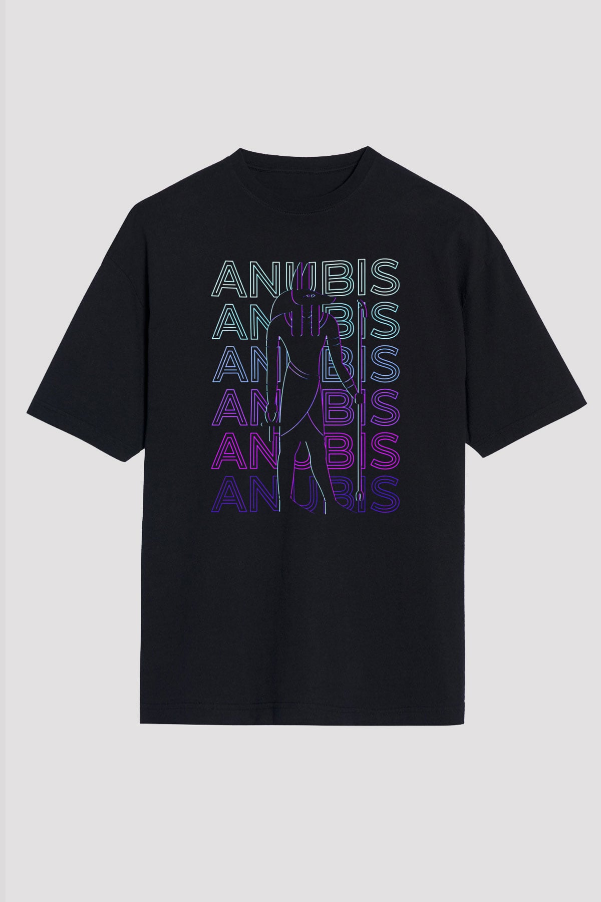Anubis Baskılı Unisex Siyah Oversize Tişört - Tshirt