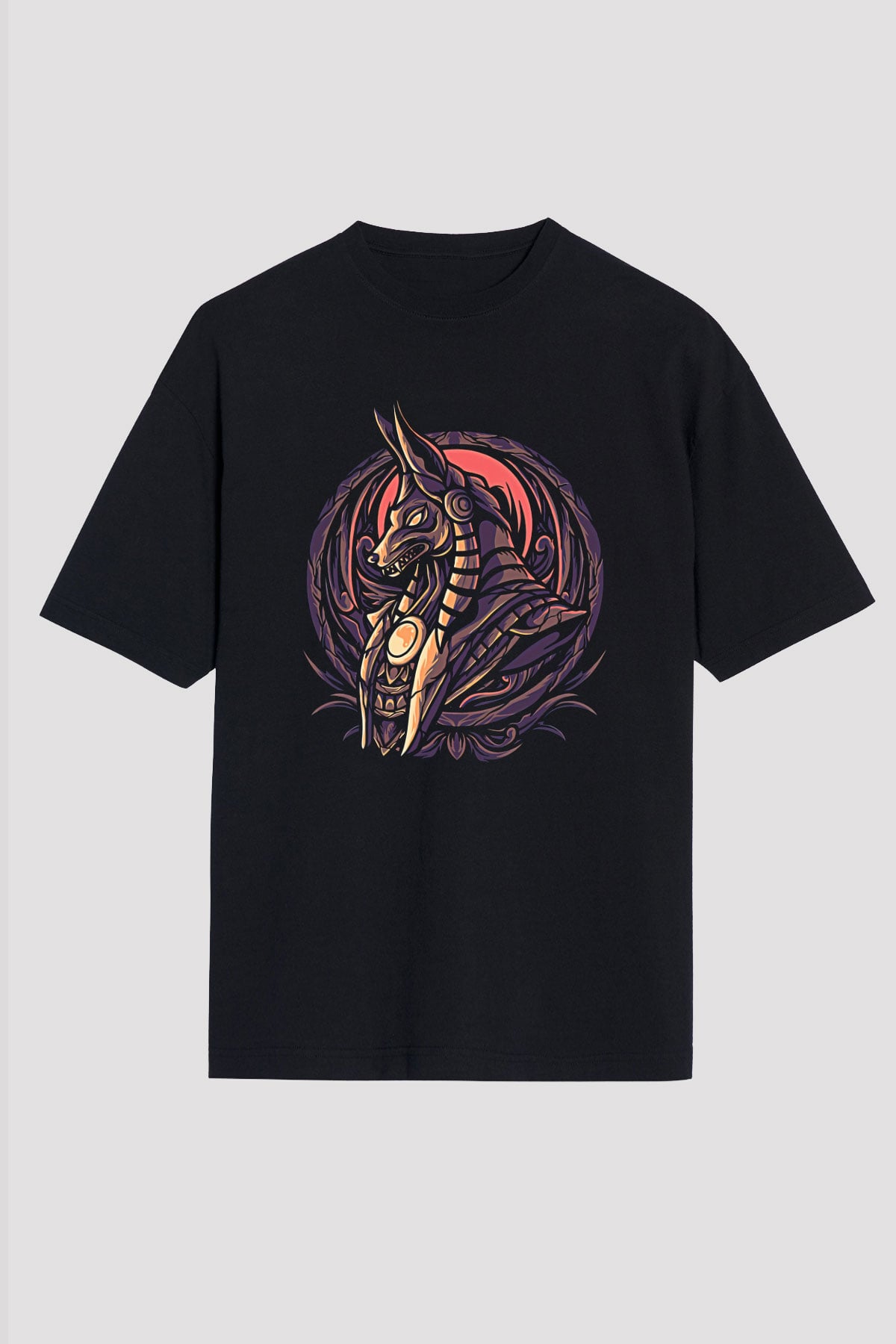 Anubis Baskılı Unisex Siyah Oversize Tişört - Tshirt