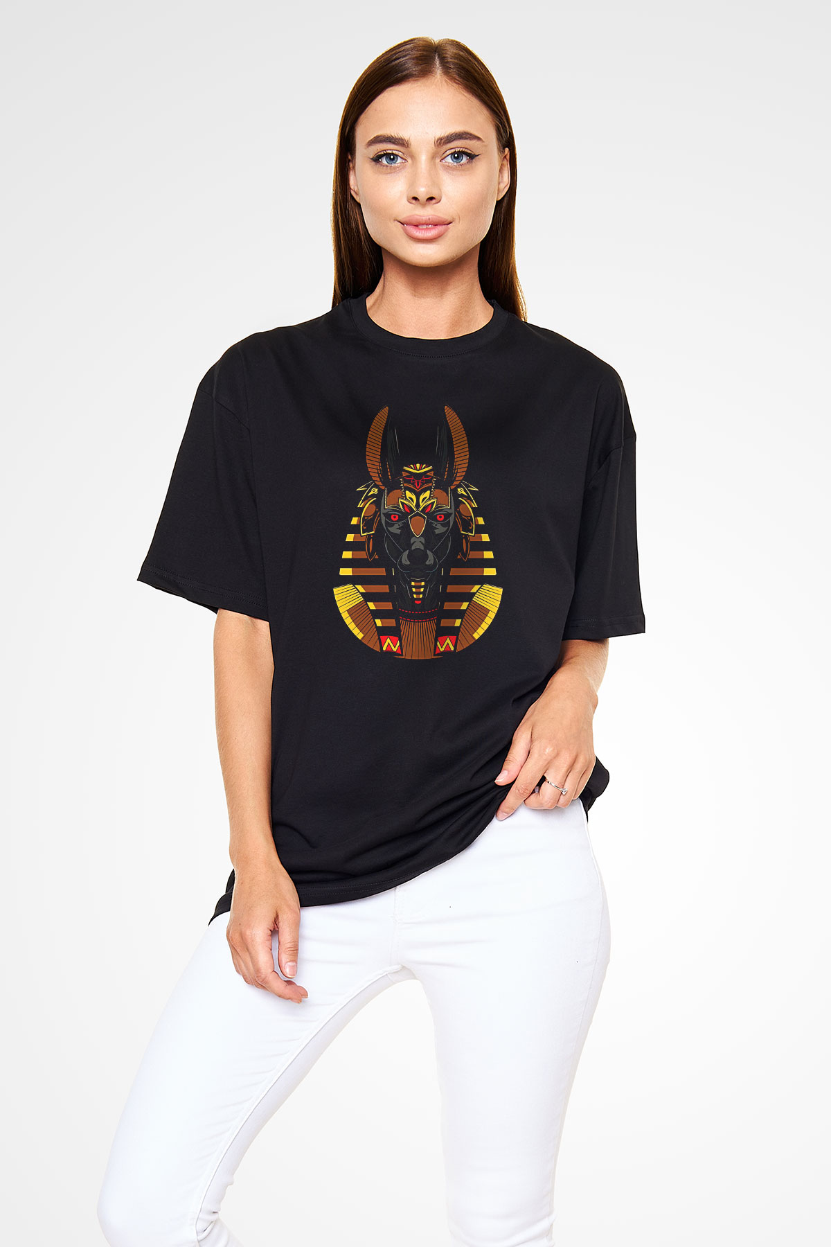 Anubis Baskılı Unisex Siyah Oversize Tişört - Tshirt