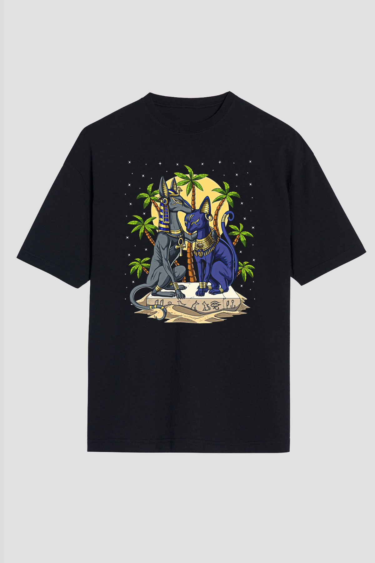 Anubis Baskılı Unisex Siyah Oversize Tişört - Tshirt