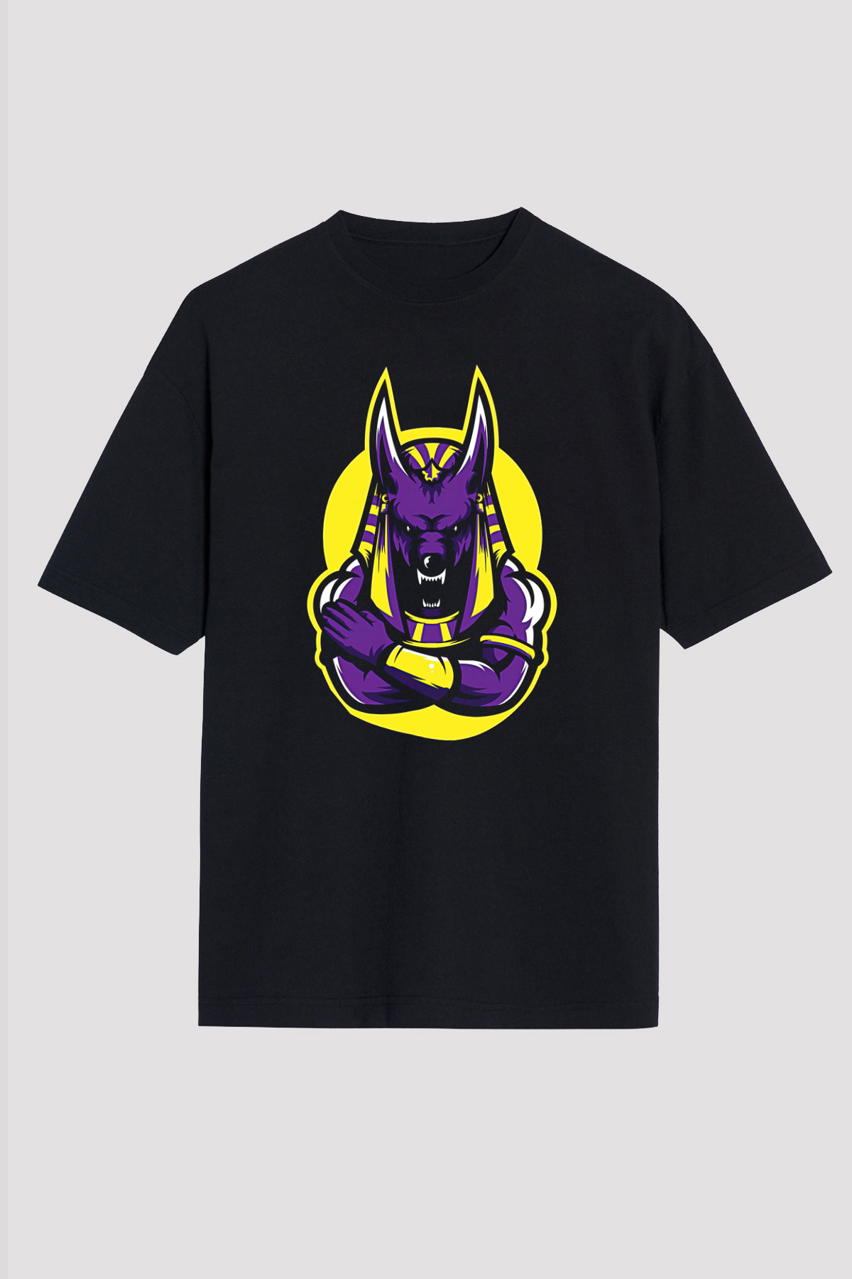 Anubis Baskılı Unisex Siyah Oversize Tişört - Tshirt