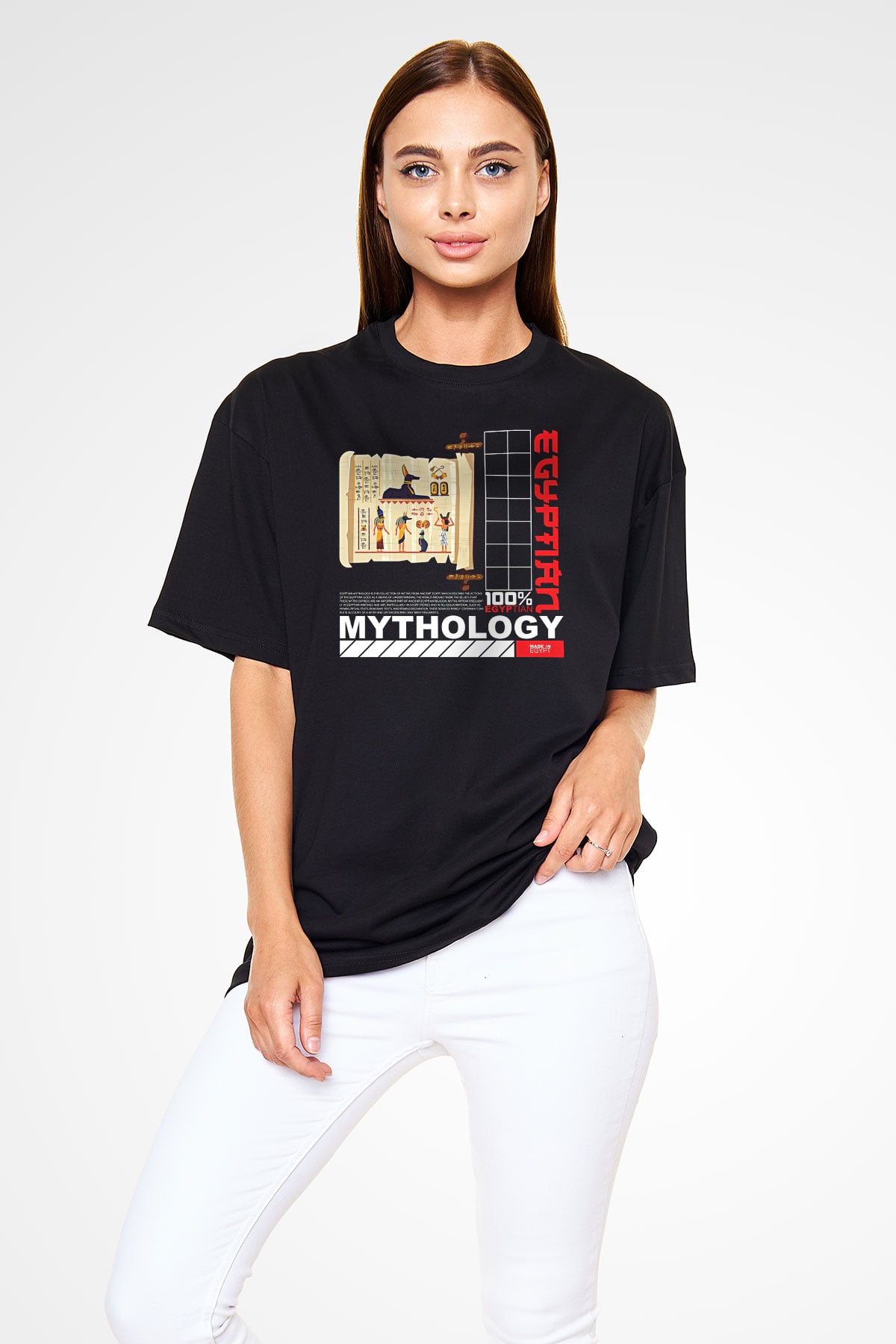 Anubis Baskılı Unisex Siyah Oversize Tişört - Tshirt
