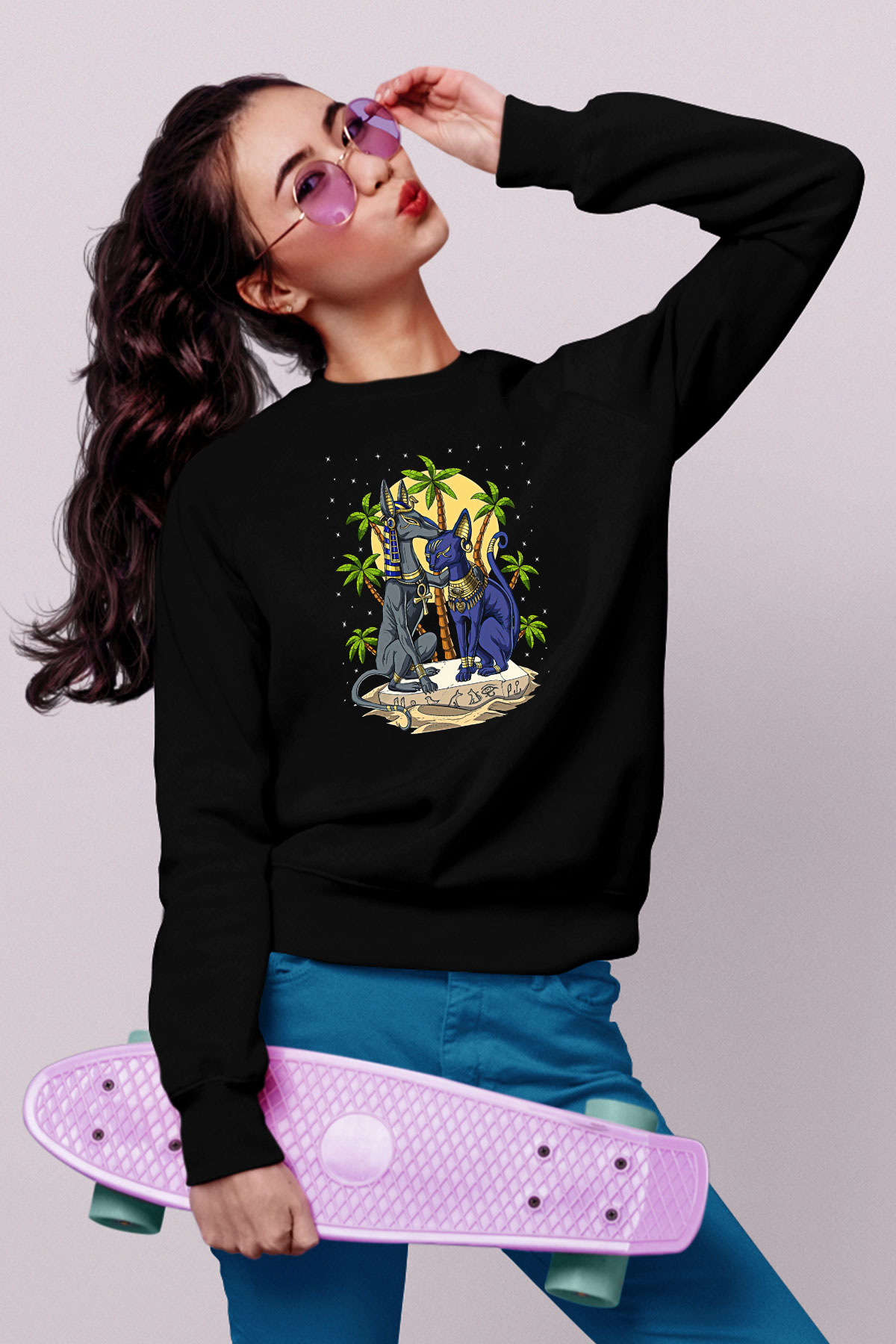 Anubis Baskılı Unisex Siyah Sweatshirt