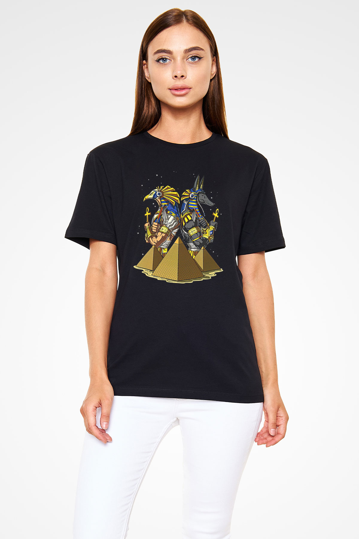 Anubis Baskılı Unisex Siyah Tişört - Tshirt