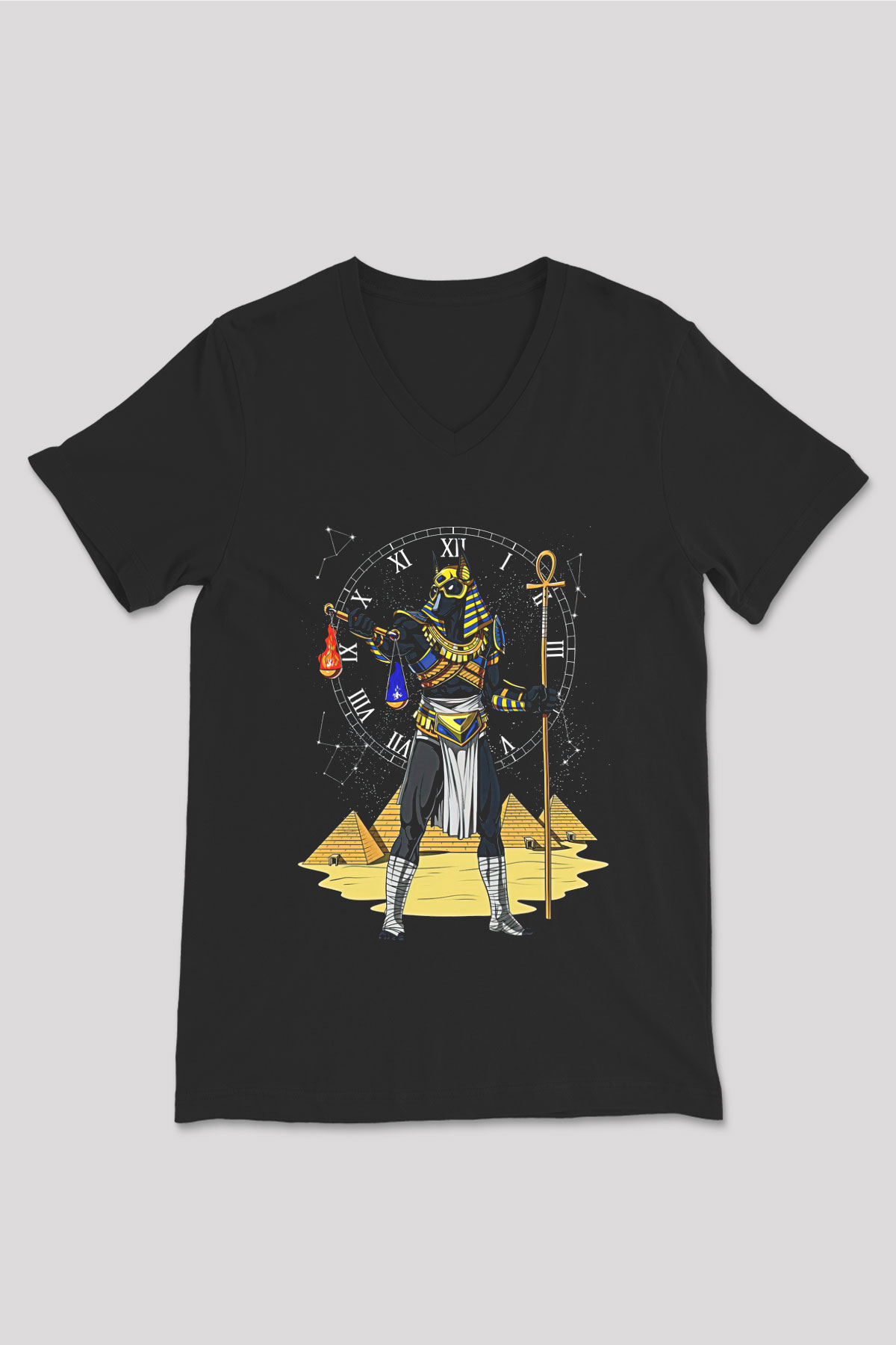 Anubis Baskılı Unisex Siyah V Yaka Tişört - Tshirt