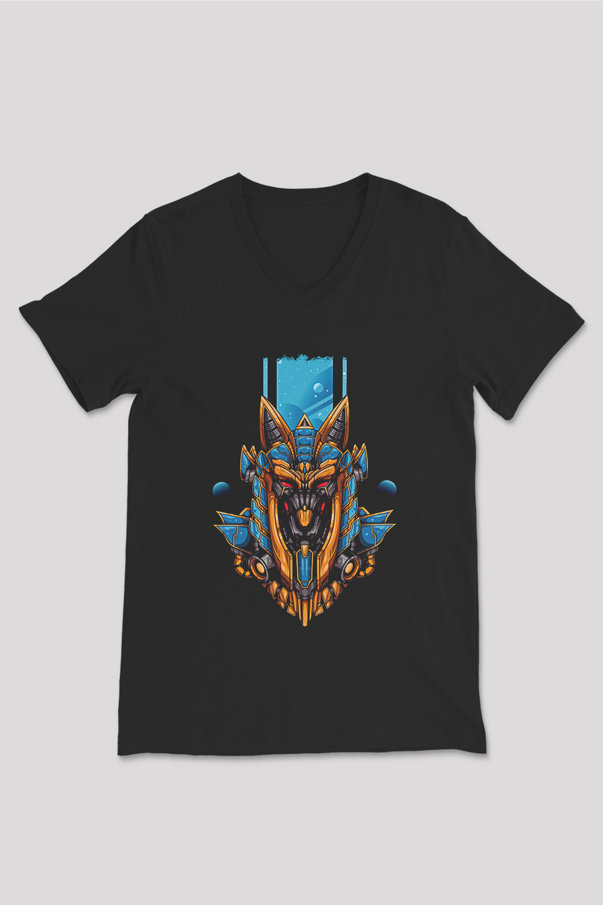 Anubis Baskılı Unisex Siyah V Yaka Tişört - Tshirt