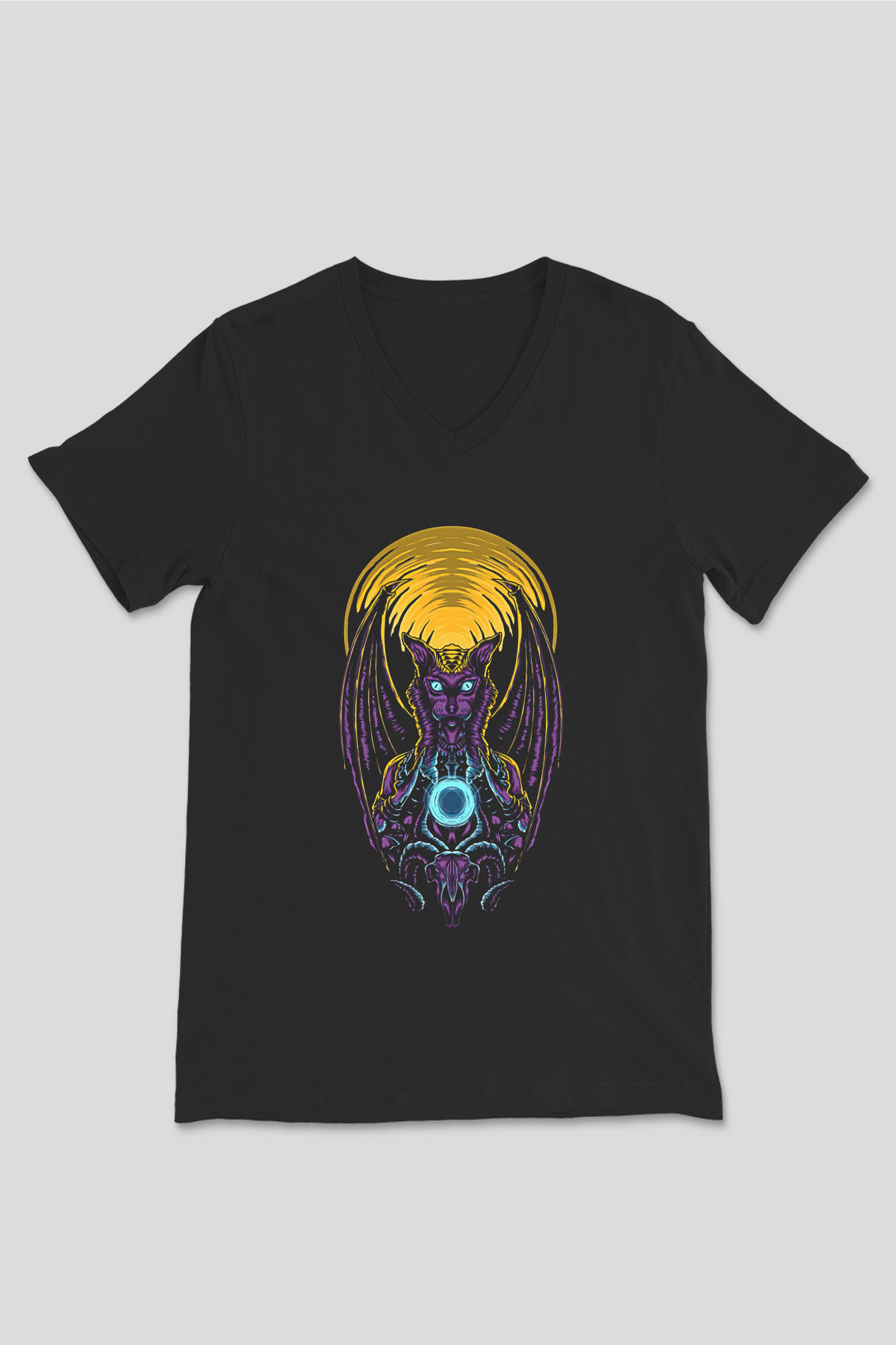 Anubis Baskılı Unisex Siyah V Yaka Tişört - Tshirt
