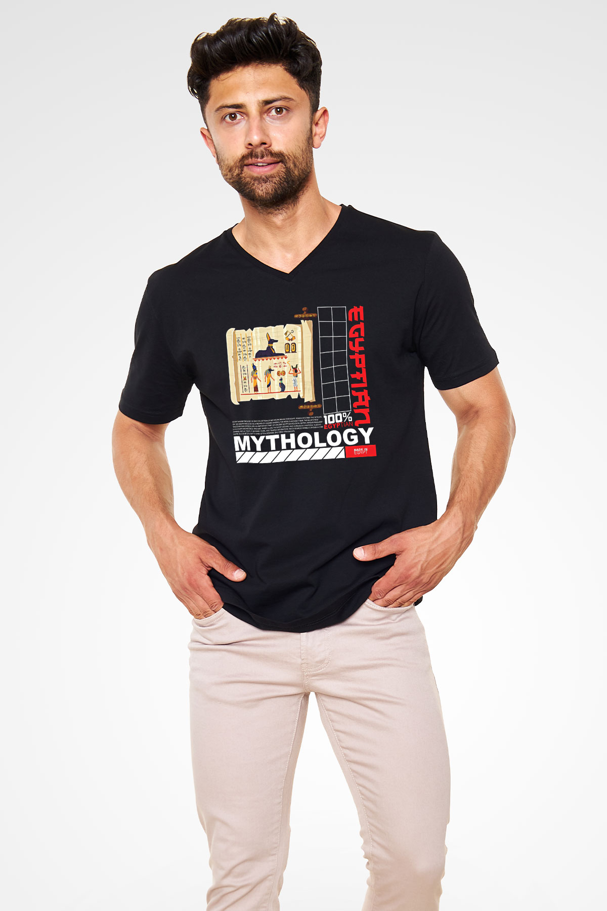 Anubis Baskılı Unisex Siyah V Yaka Tişört - Tshirt