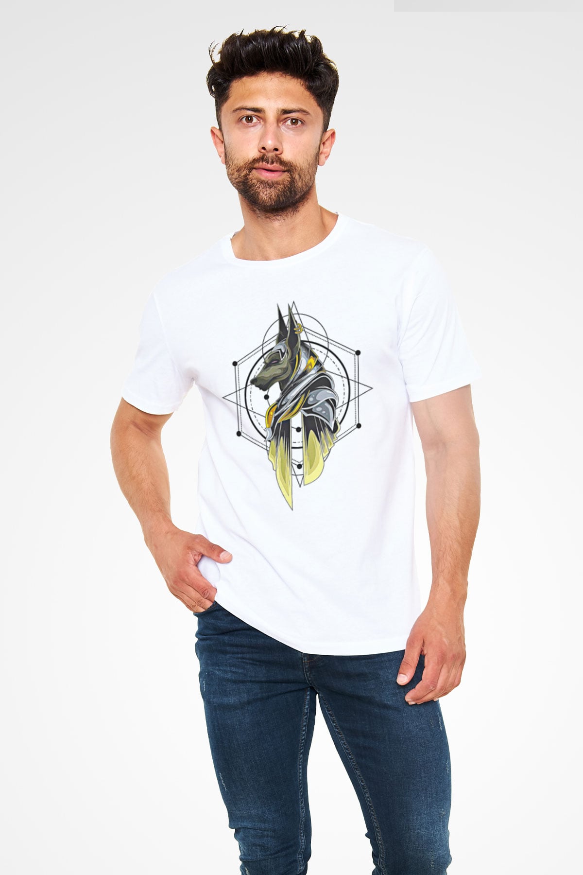 Anubis Unisex Baskılı Beyaz Tişört - Tshirt