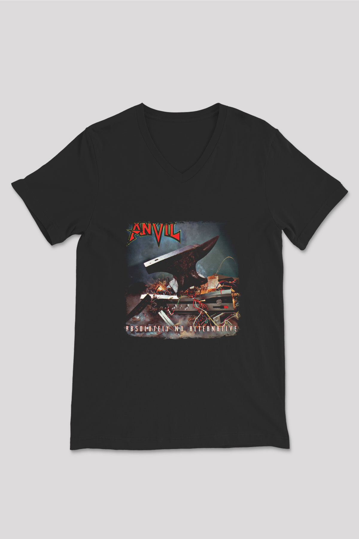Anvil Baskılı Unisex Siyah V Yaka Tişört