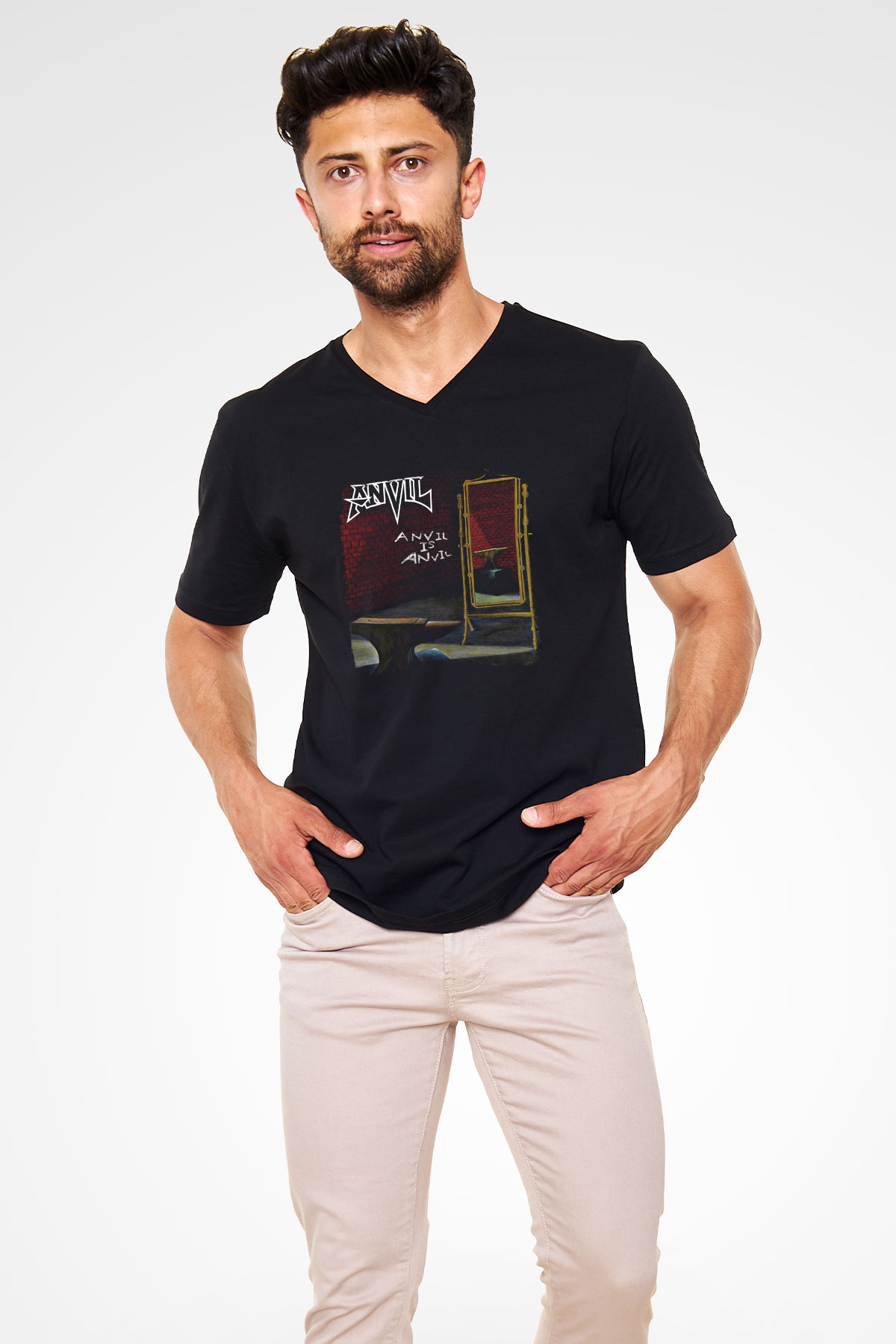 Anvil Baskılı Unisex Siyah V Yaka Tişört