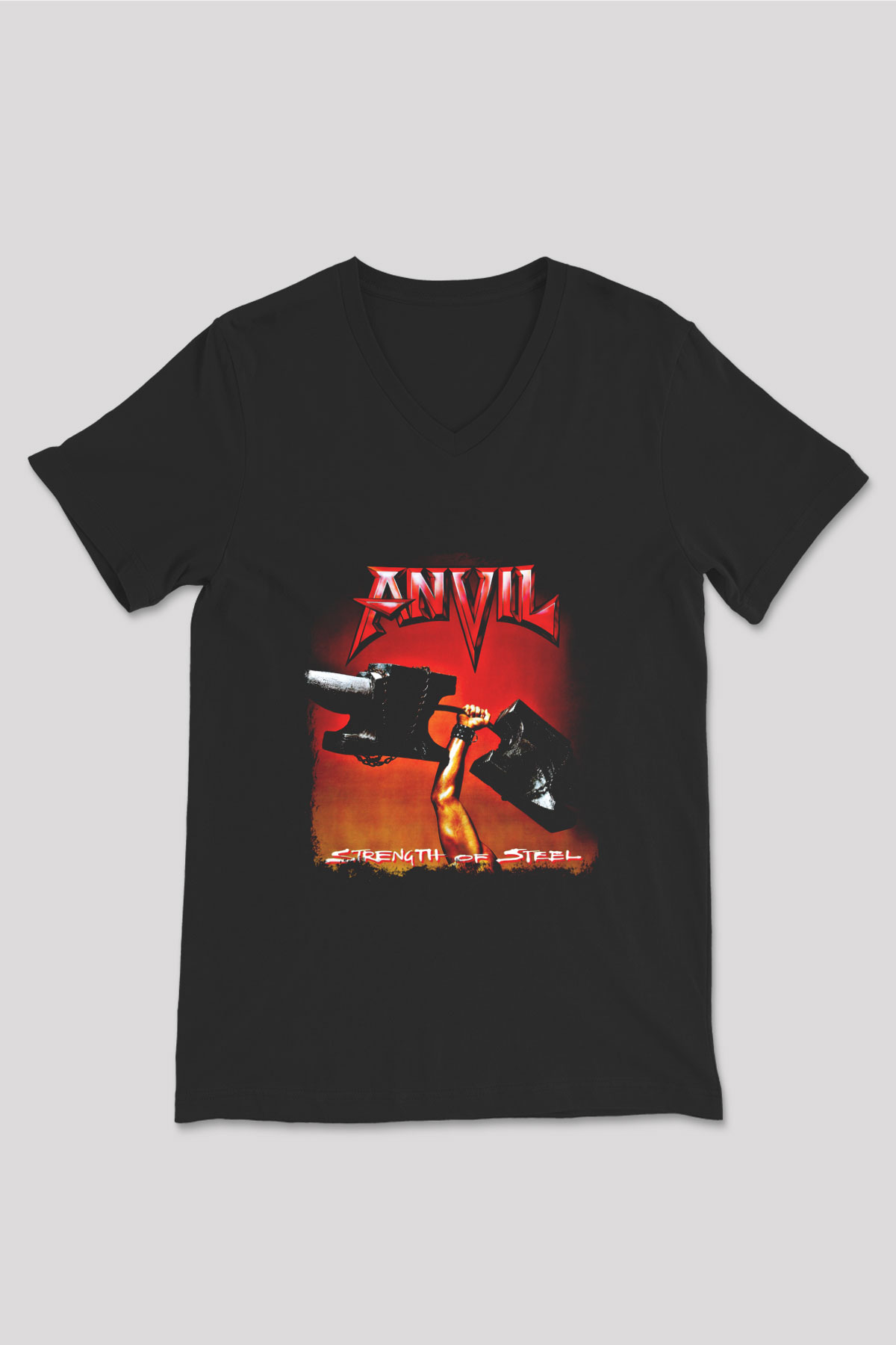 Anvil Baskılı Unisex Siyah V Yaka Tişört