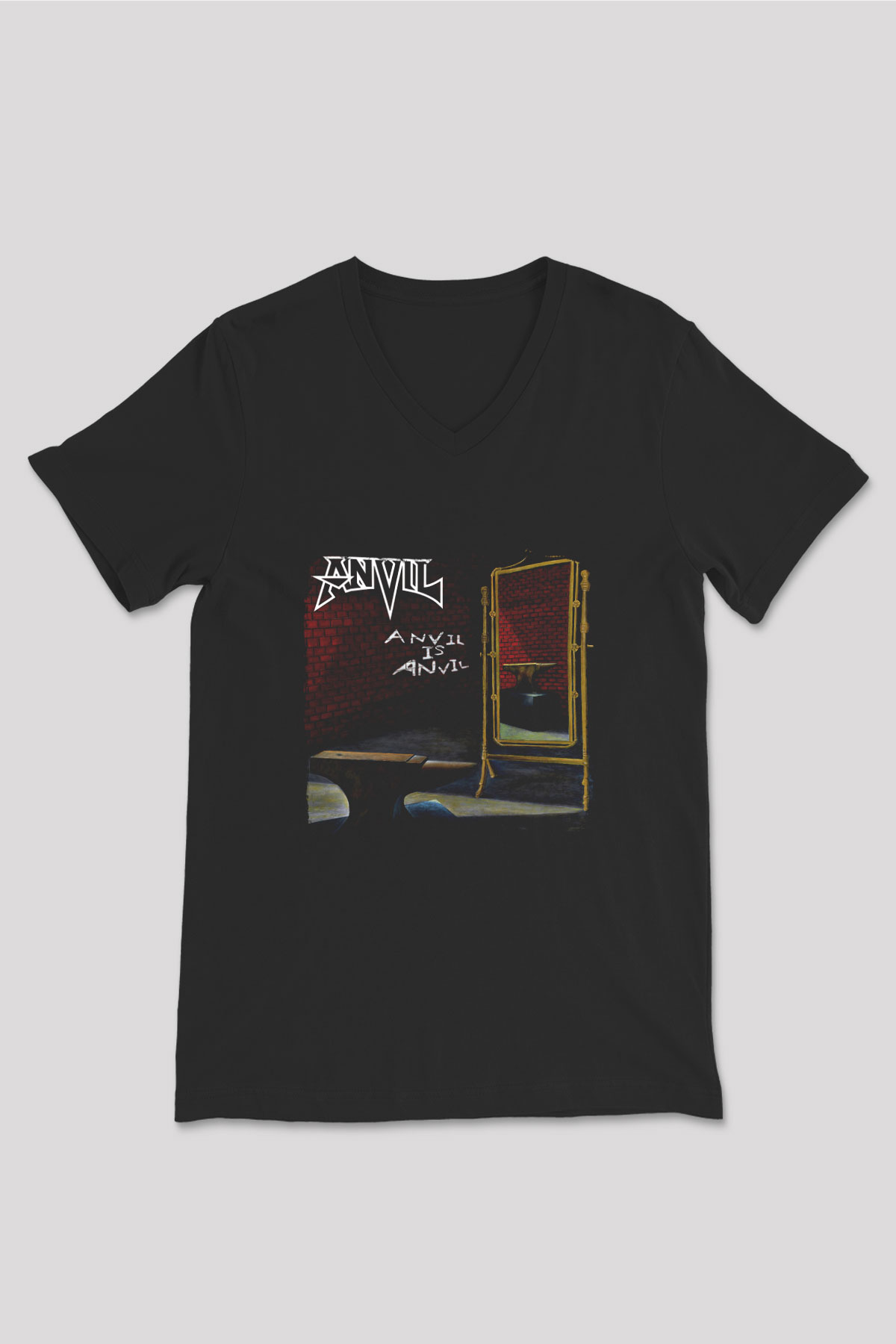 Anvil Baskılı Unisex Siyah V Yaka Tişört