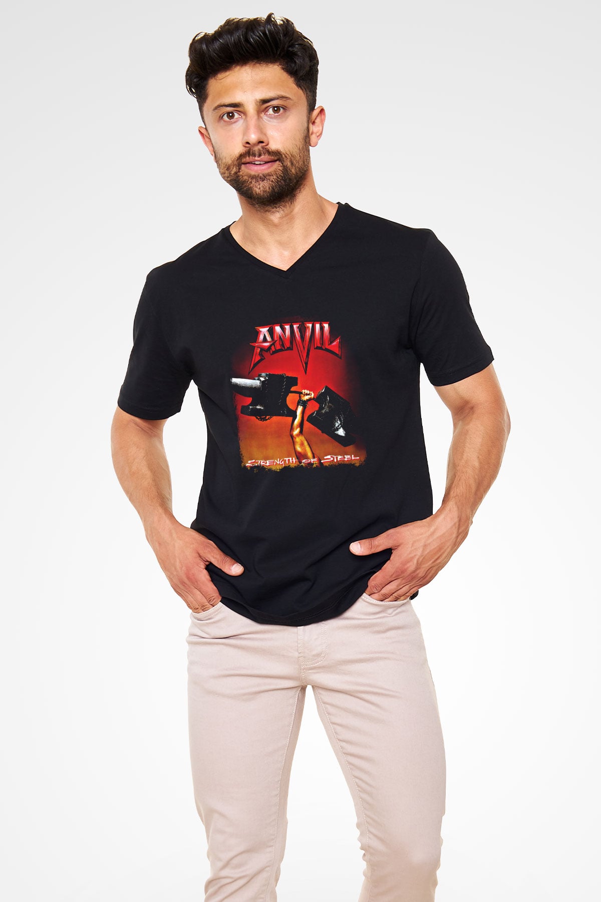 Anvil Baskılı Unisex Siyah V Yaka Tişört