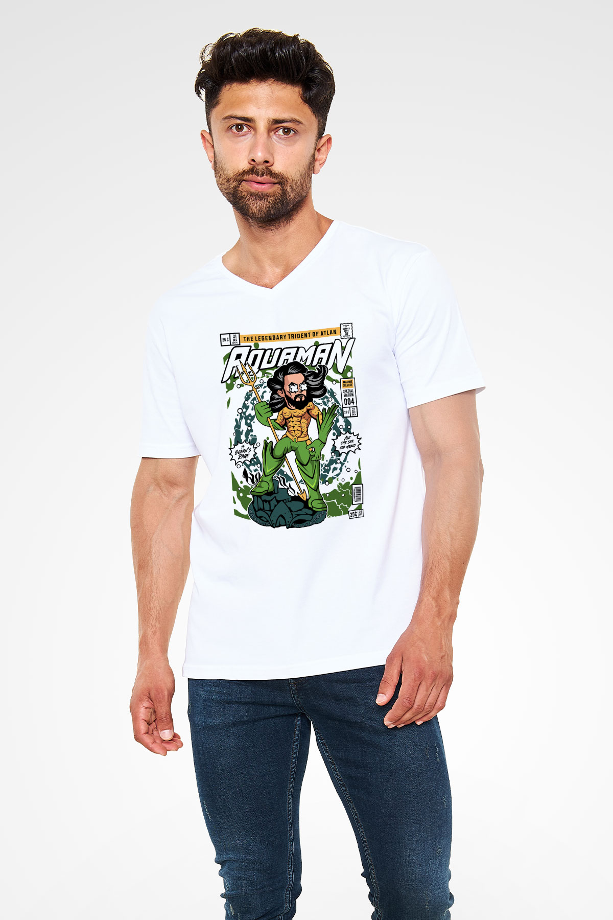 Aquaman Baskılı Unisex Beyaz V Yaka Tişört