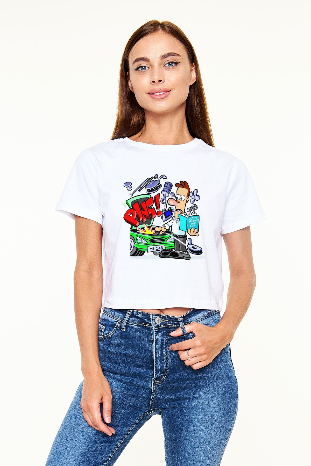 Araba tamircisi Beyaz Croptop Tişört