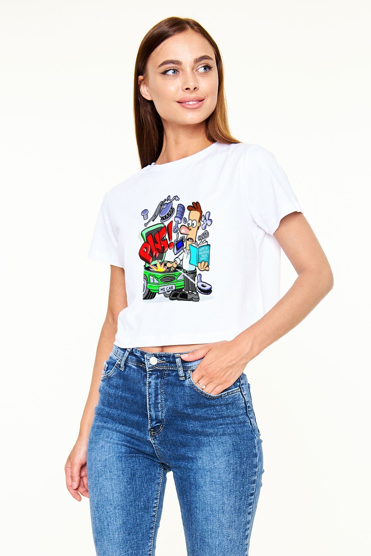 Araba tamircisi Beyaz Croptop Tişört