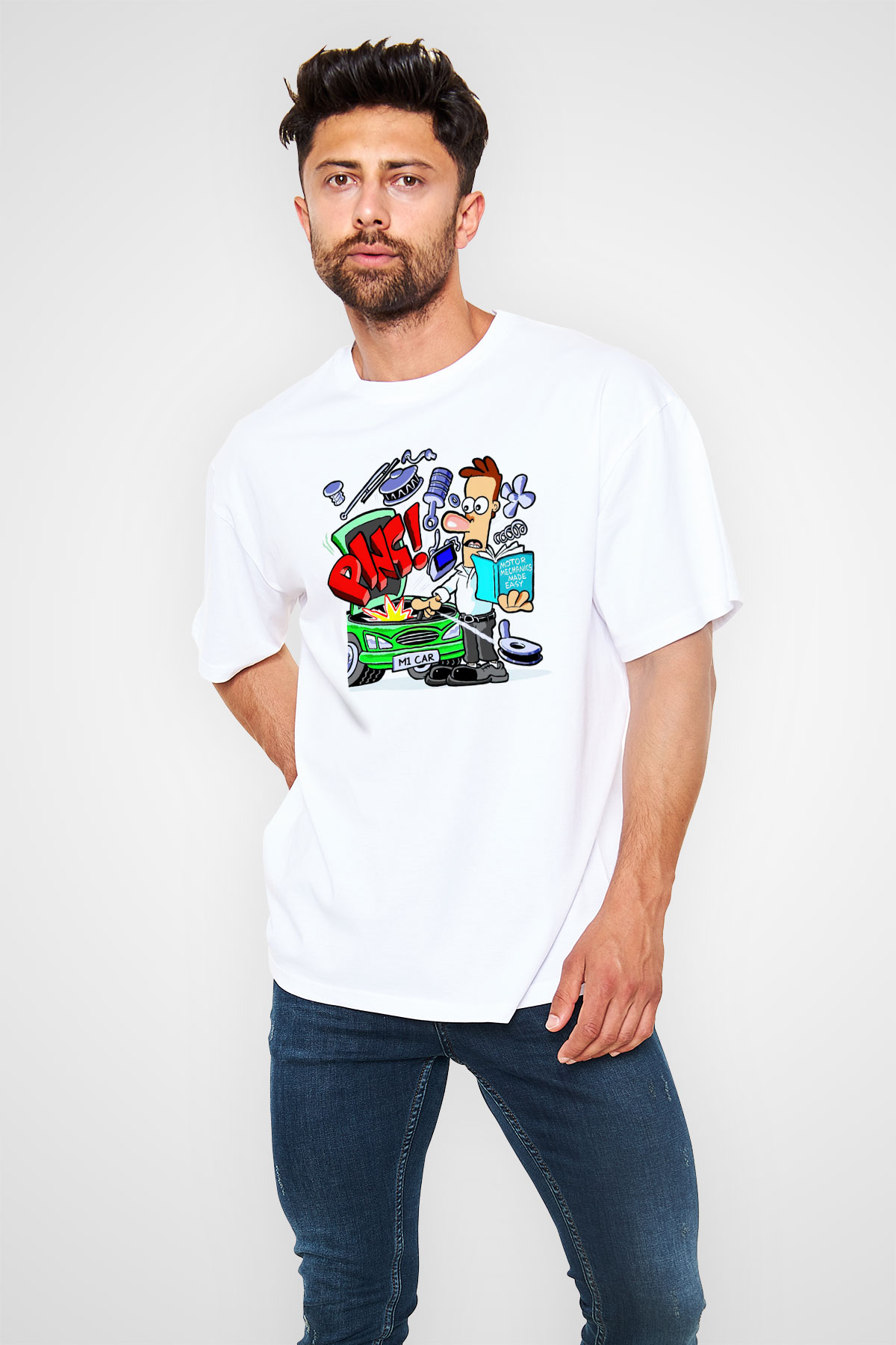 Araba tamircisi Beyaz Unisex Oversize Tişört T-Shirt