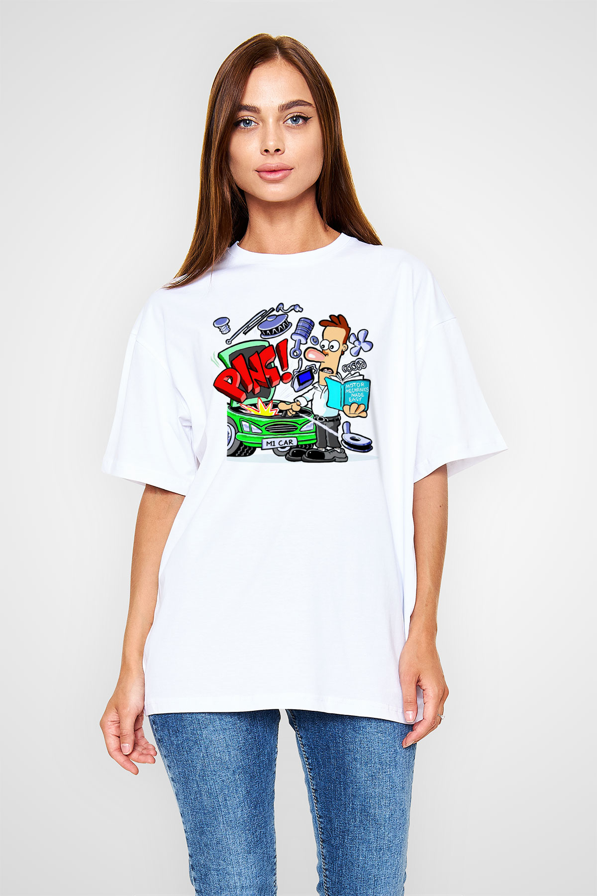 Araba tamircisi Beyaz Unisex Oversize Tişört T-Shirt