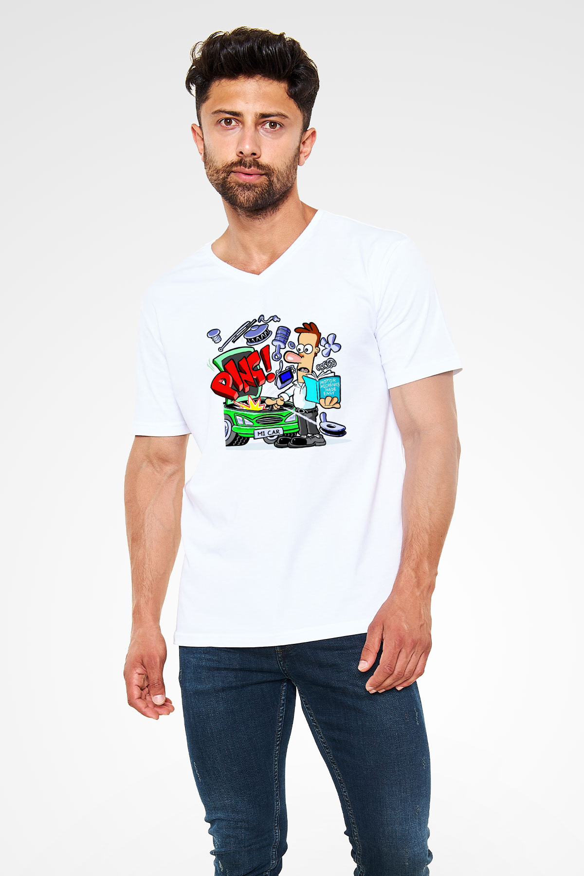 Araba tamircisi Beyaz Unisex V Yaka Tişört T-Shirt