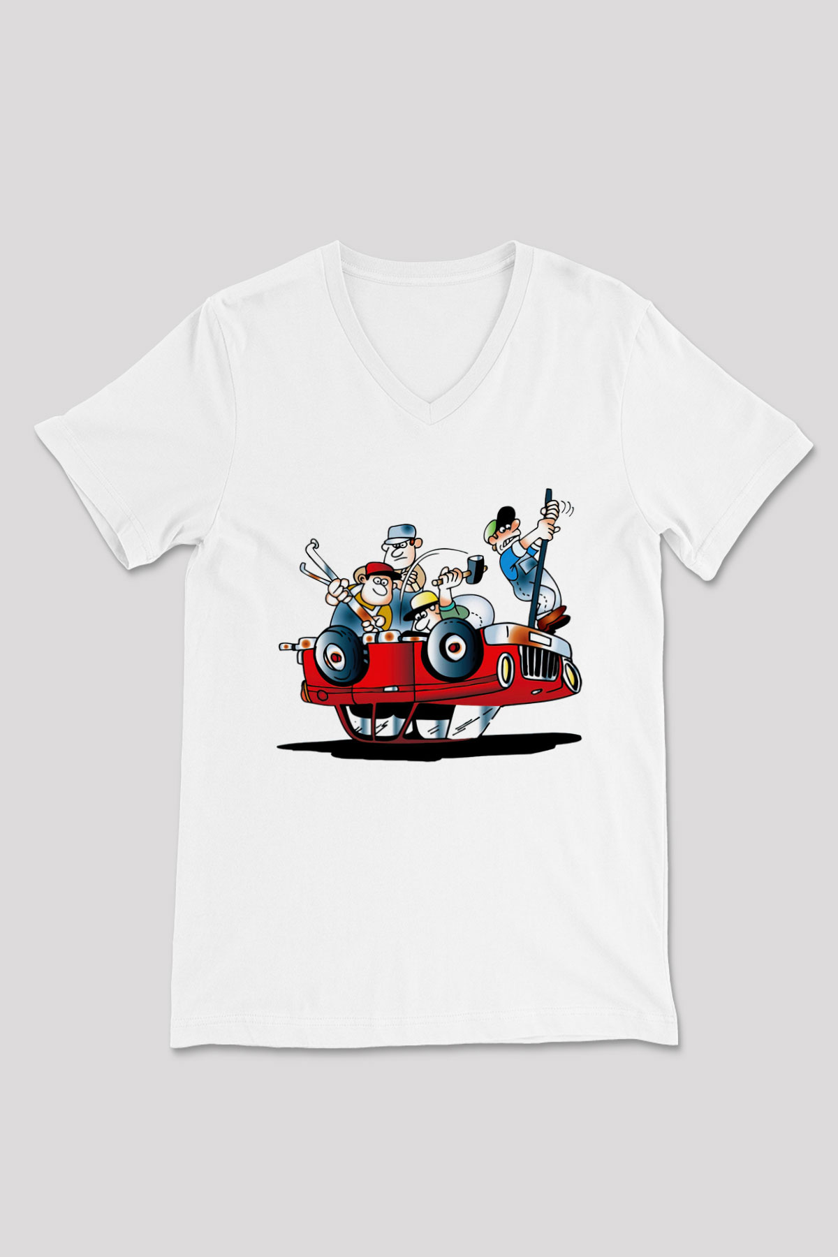 Araba tamircisi Beyaz Unisex V Yaka Tişört T-Shirt