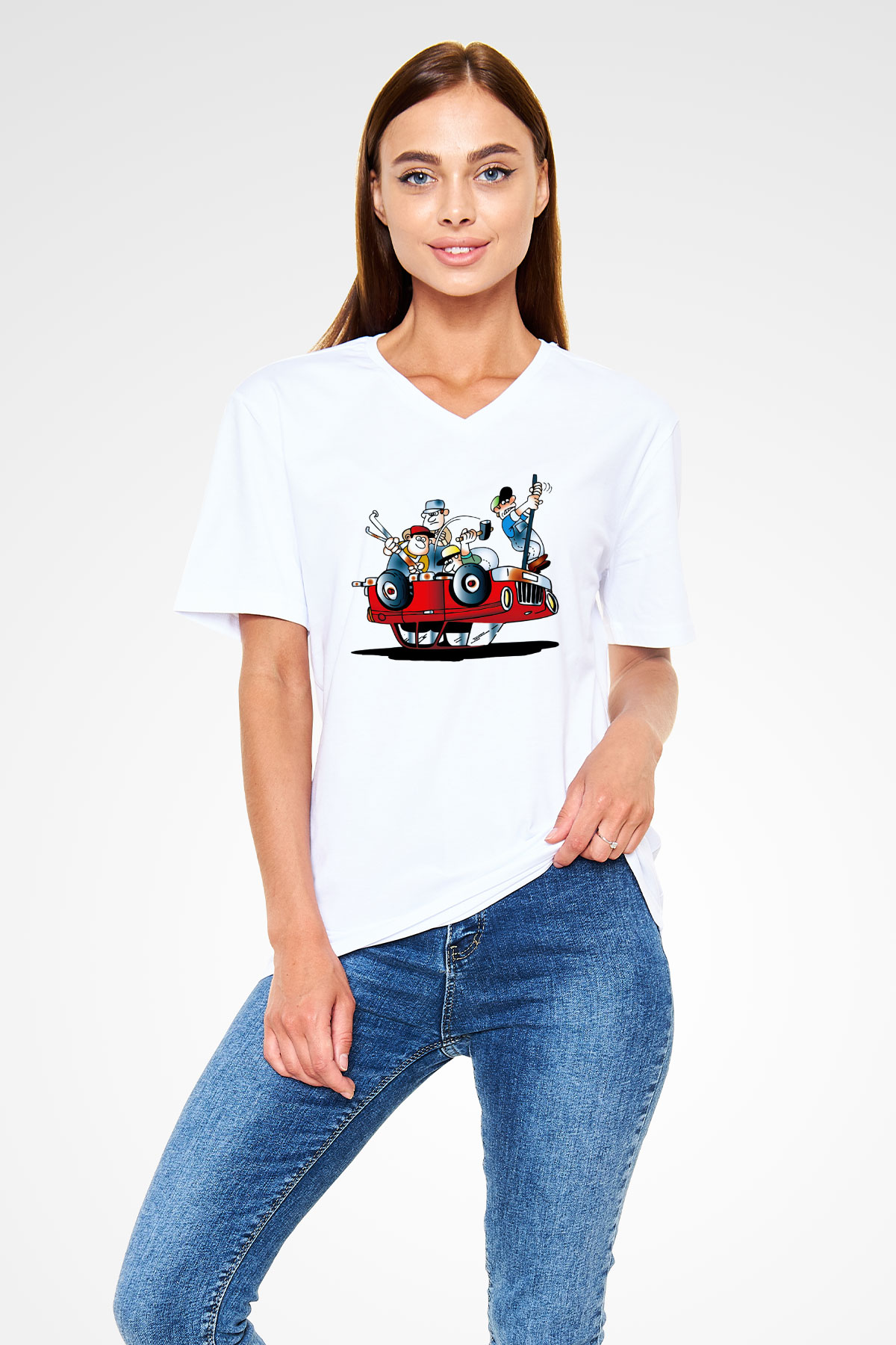 Araba tamircisi Beyaz Unisex V Yaka Tişört T-Shirt