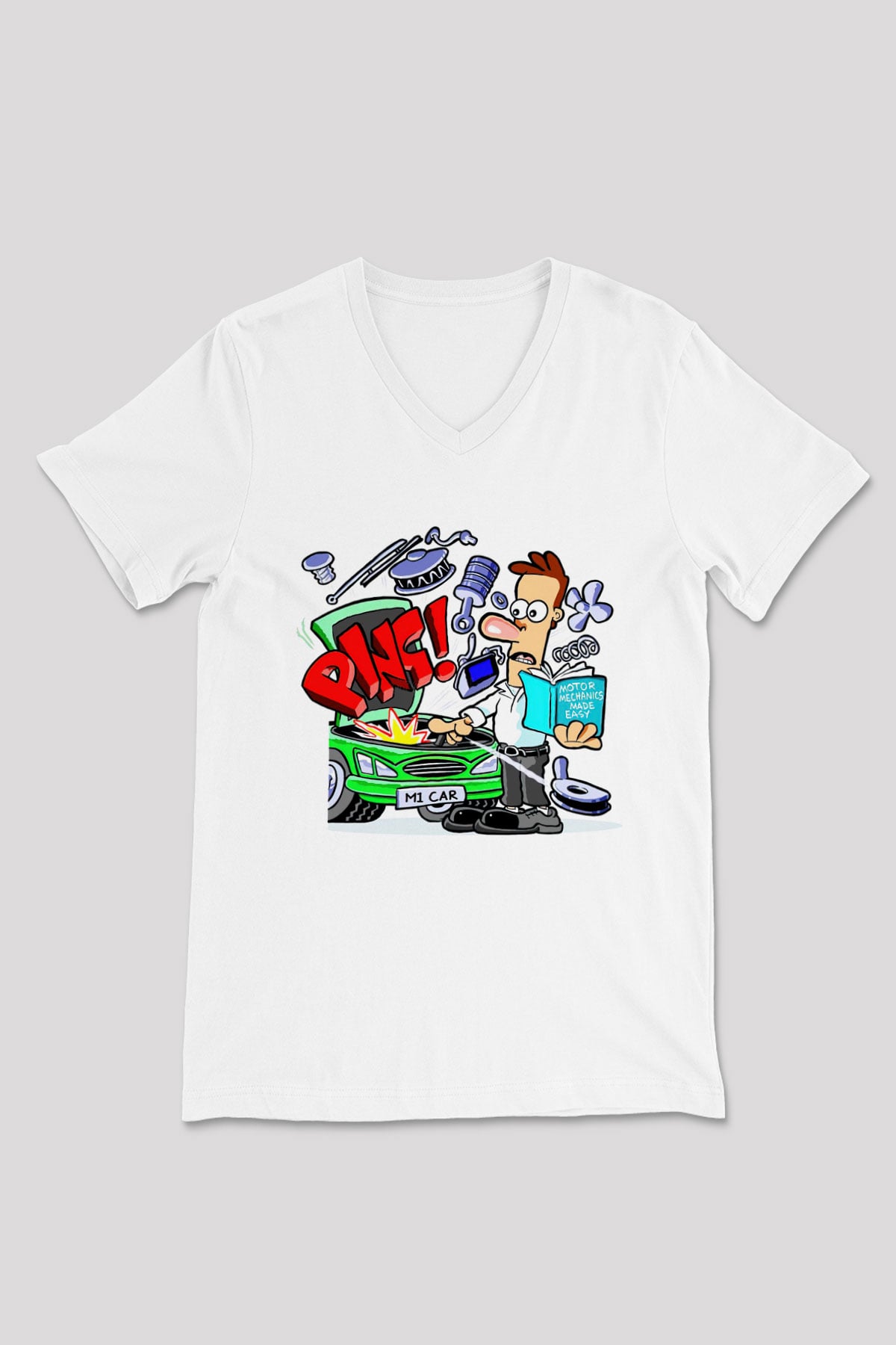 Araba tamircisi Beyaz Unisex V Yaka Tişört T-Shirt