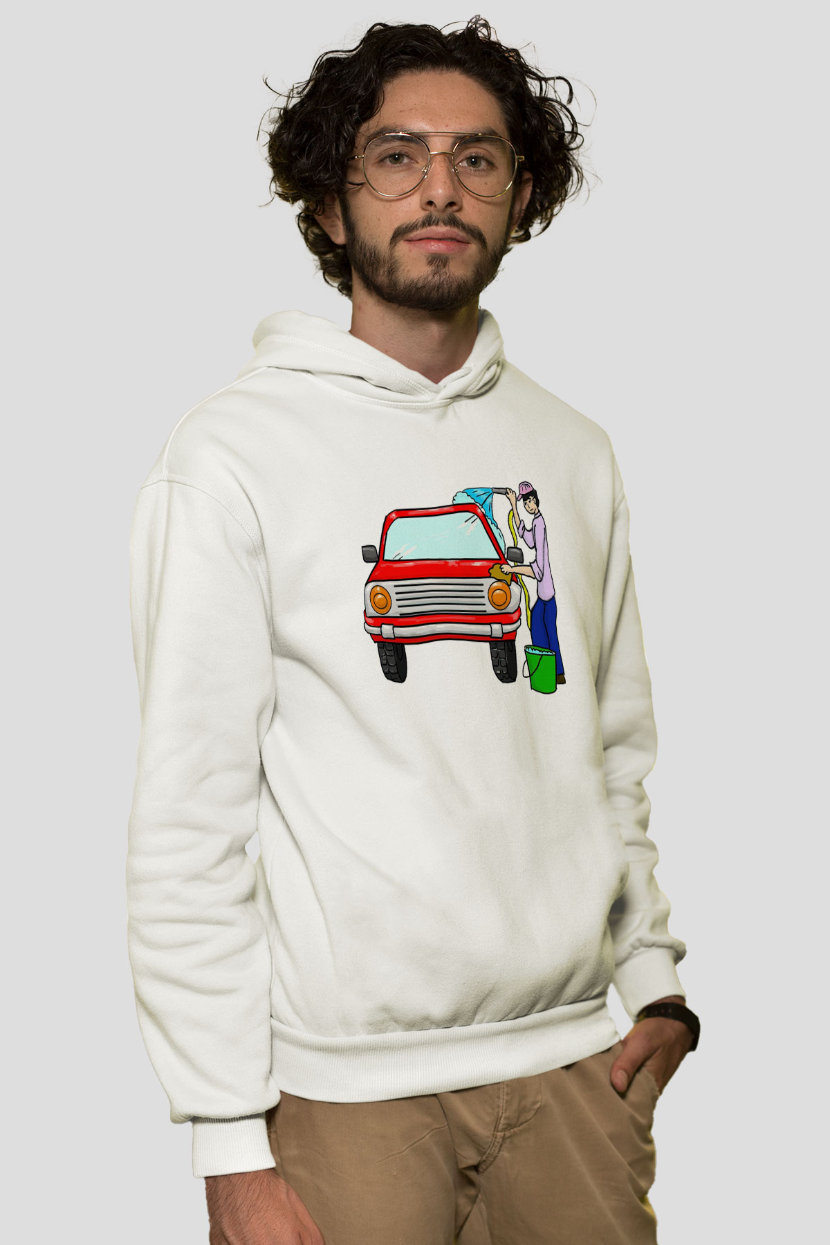 Araba yıkayıcısı Beyaz Unisex Kapüşonlu Sweatshirt